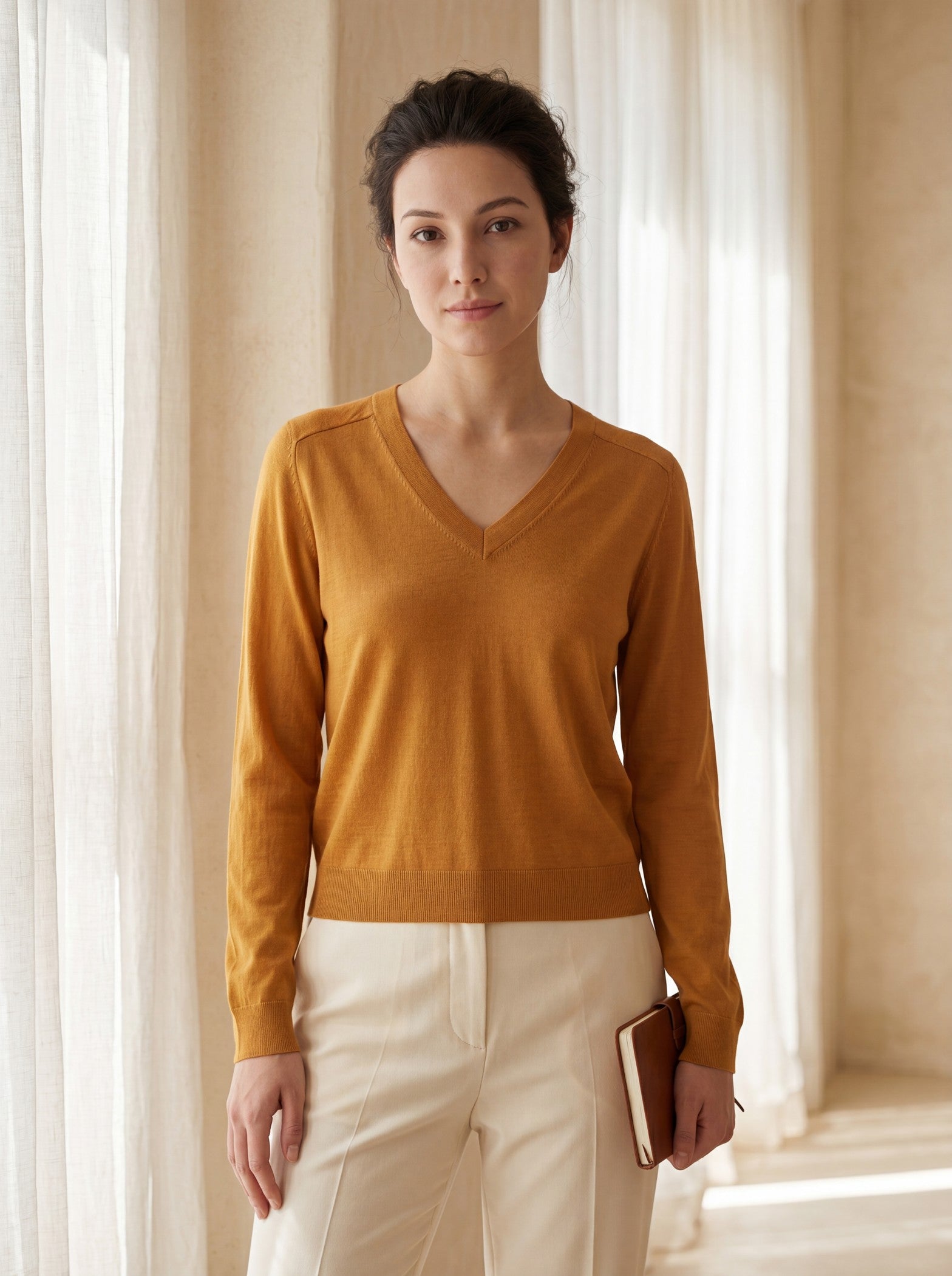 Women's V-Neck Wool Sweater — Brown