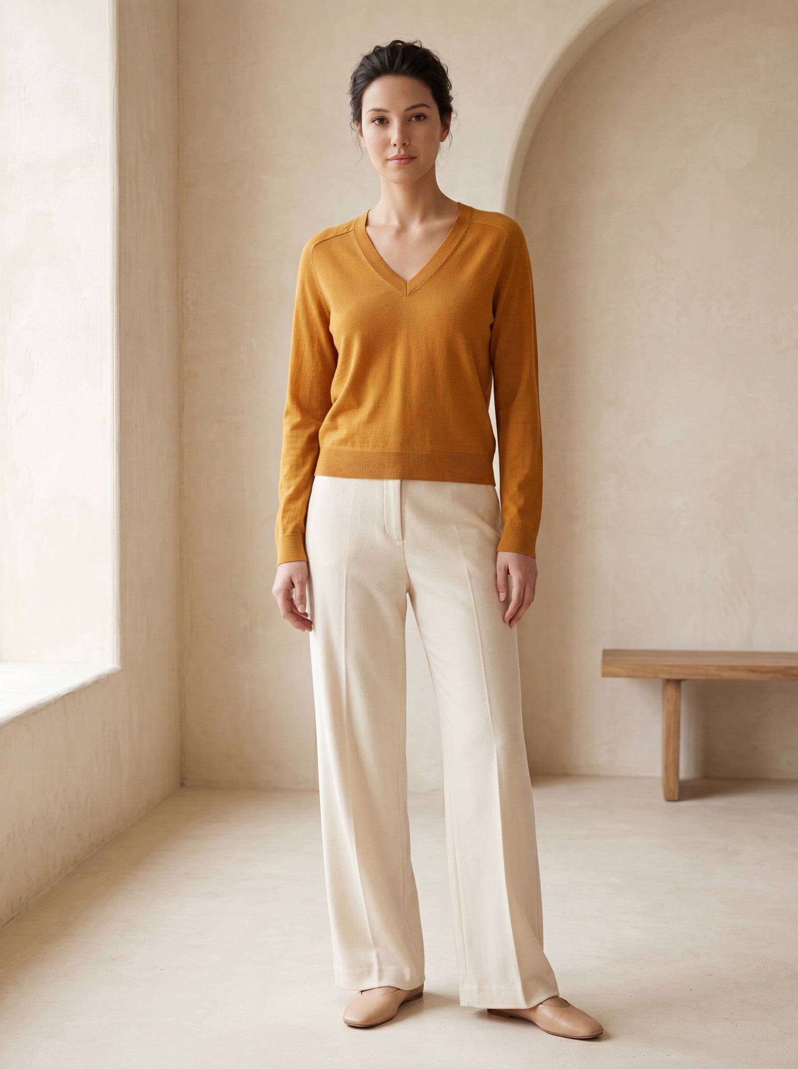 Women's V-Neck Wool Sweater — Brown