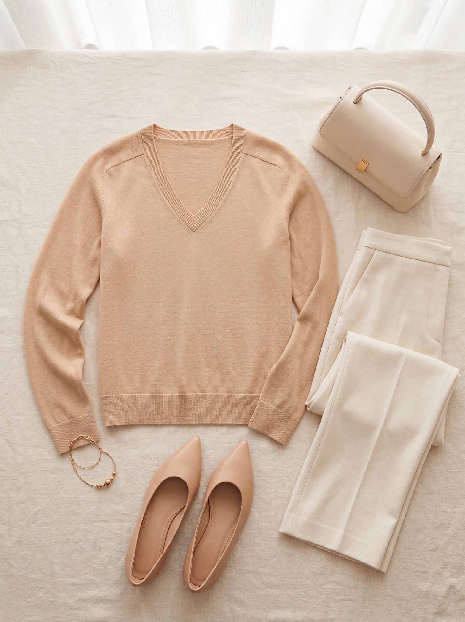 Women's V-Neck Wool Sweater — Camel