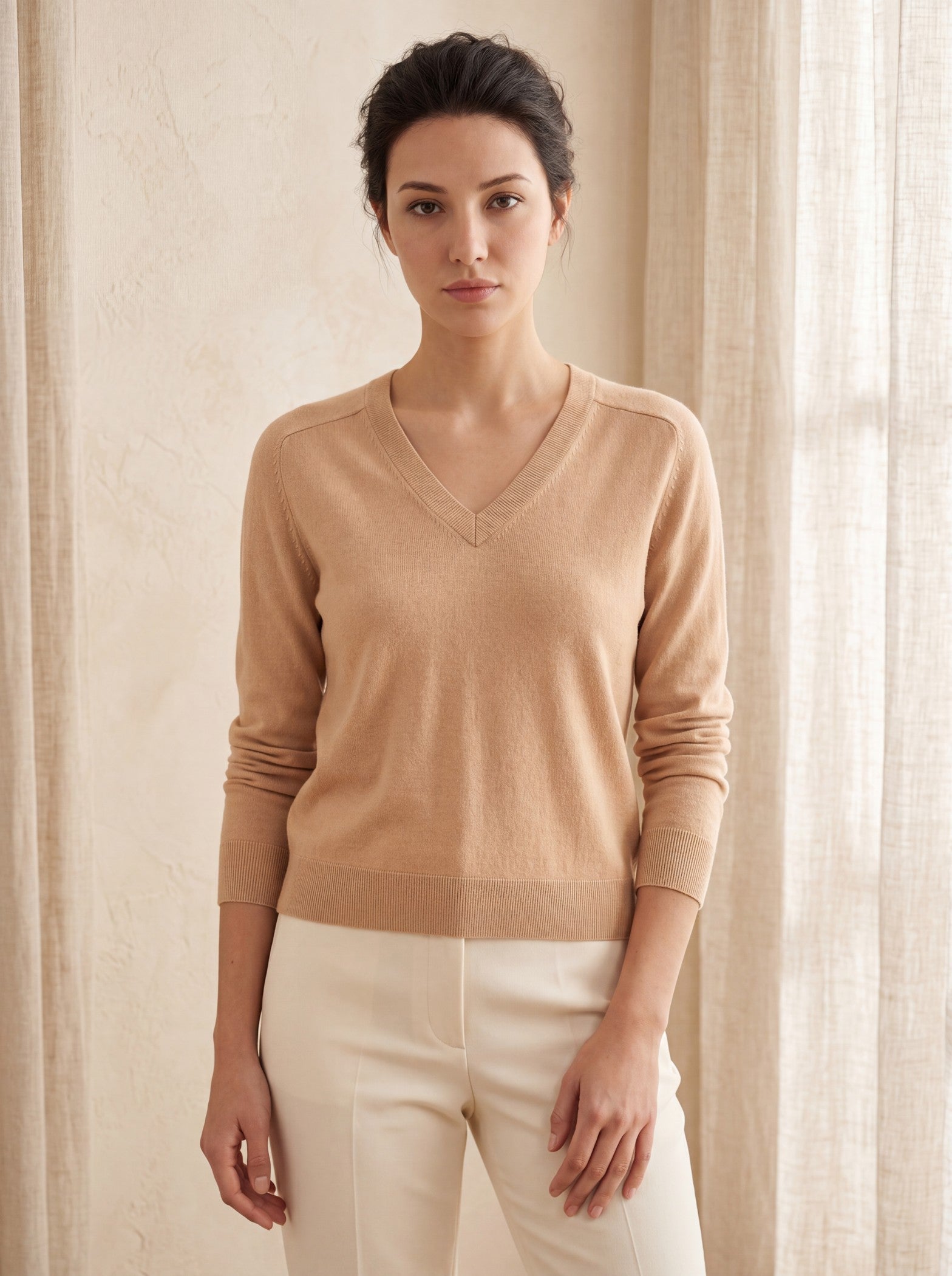 Women's V-Neck Wool Sweater — Camel