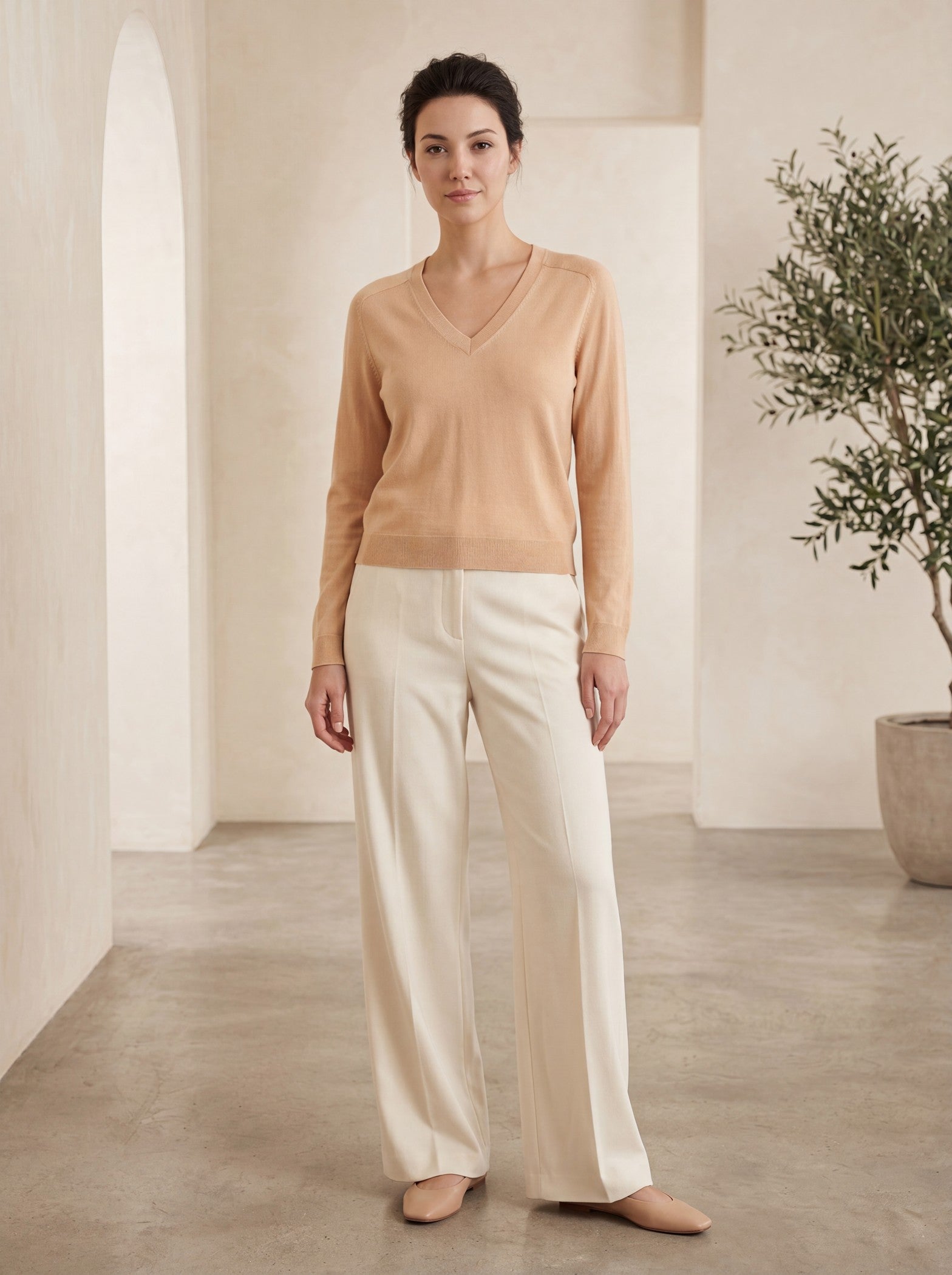 Women's V-Neck Wool Sweater — Camel
