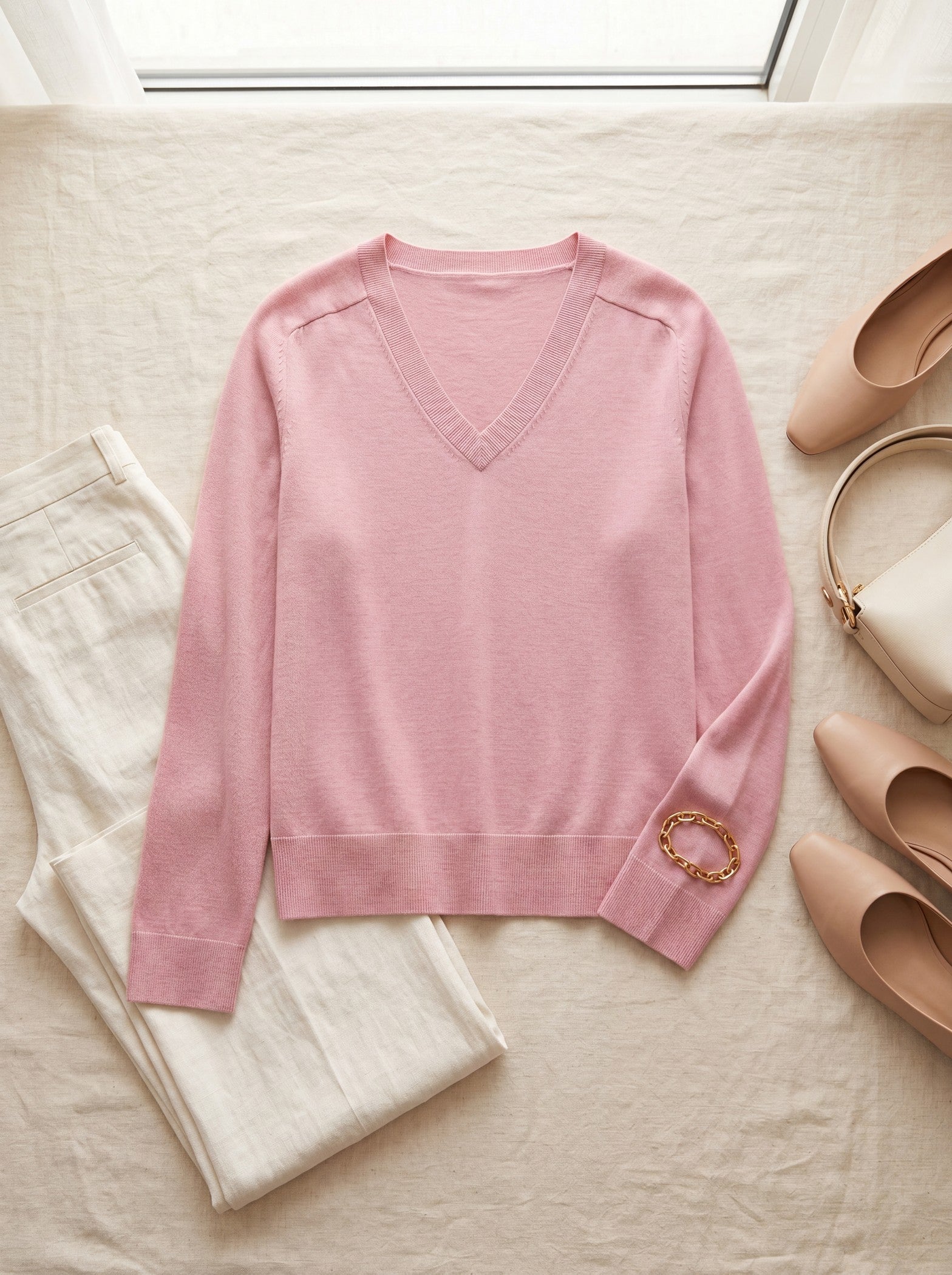 Women's V-Neck Wool Sweater — Pink