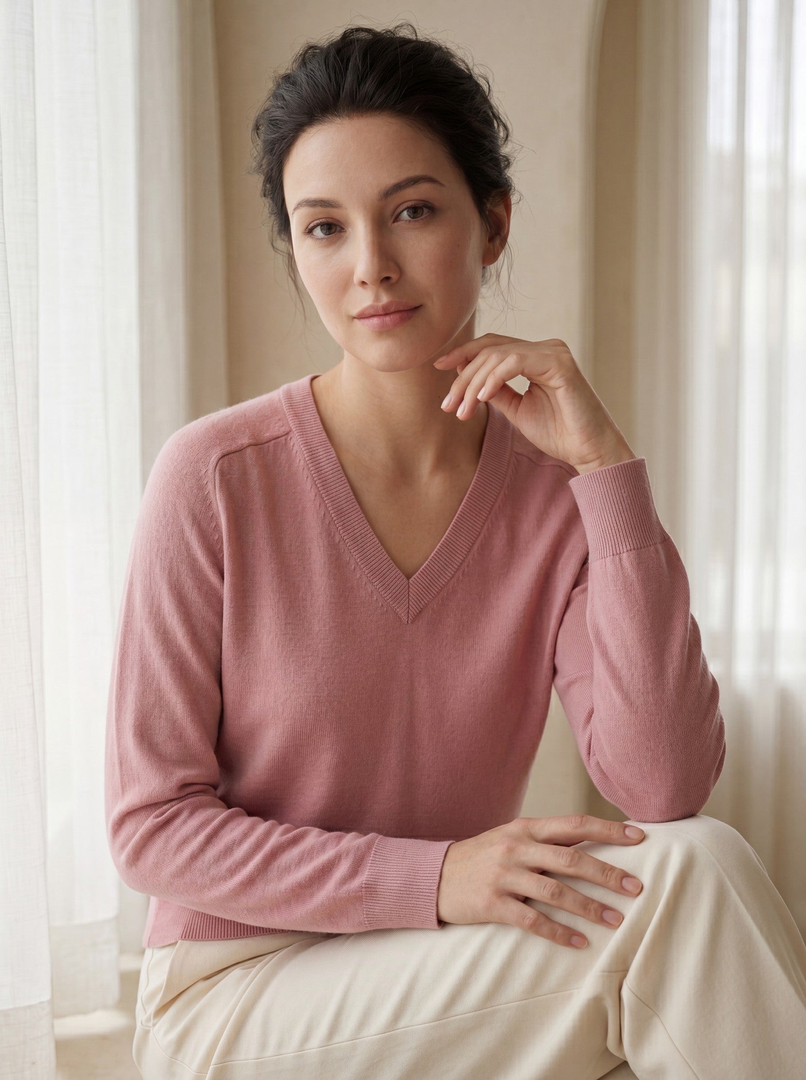 Women's V-Neck Wool Sweater — Pink