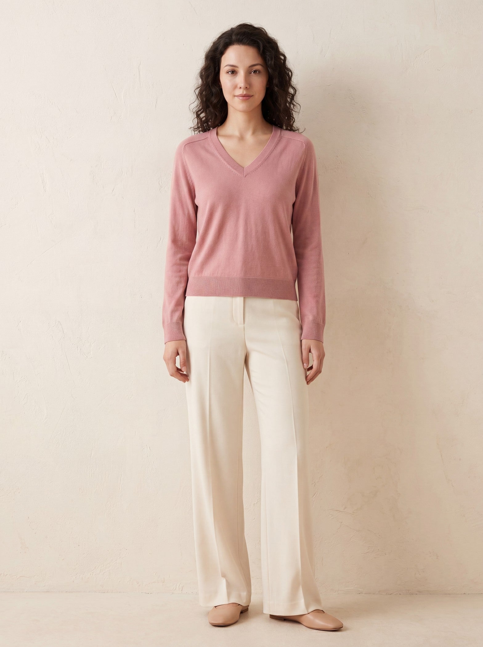 Women's V-Neck Wool Sweater — Pink