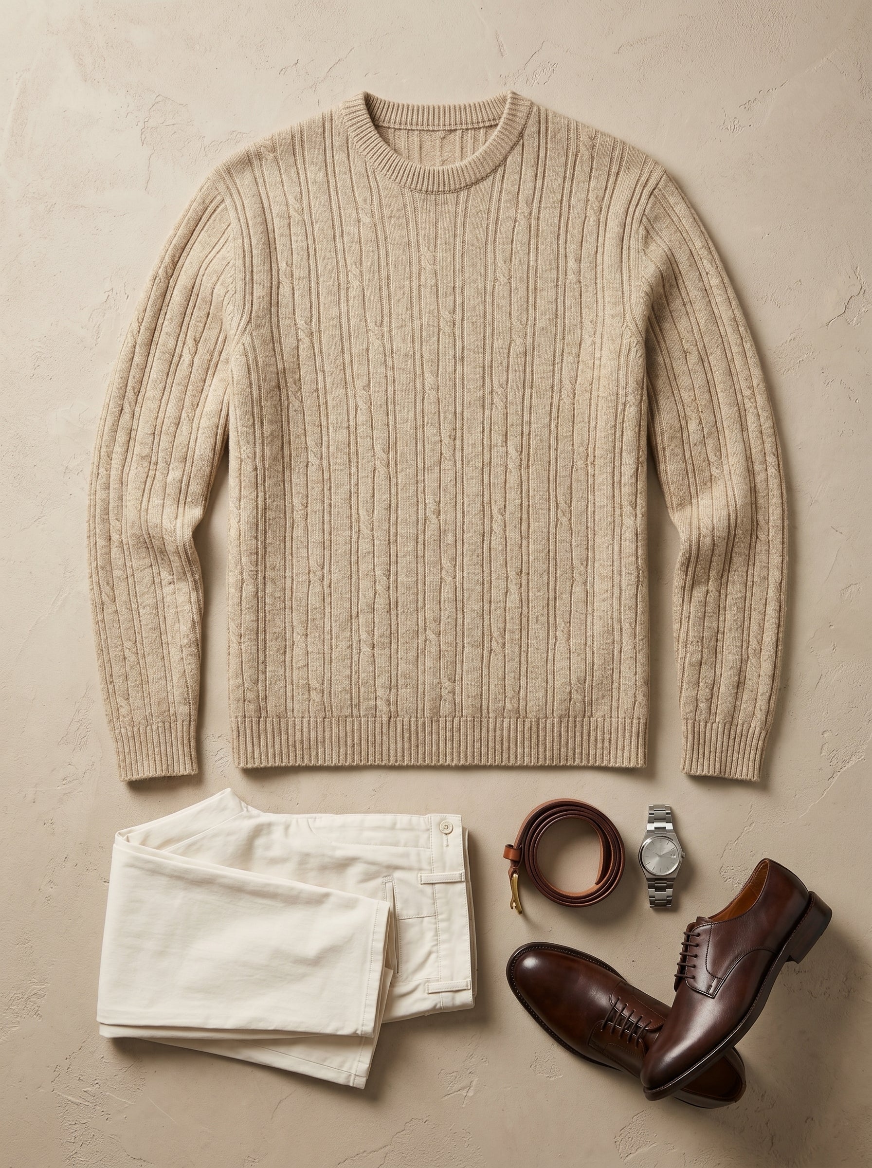 Men's Wool Thermal Stitch Crew Neck Pullover — Beige