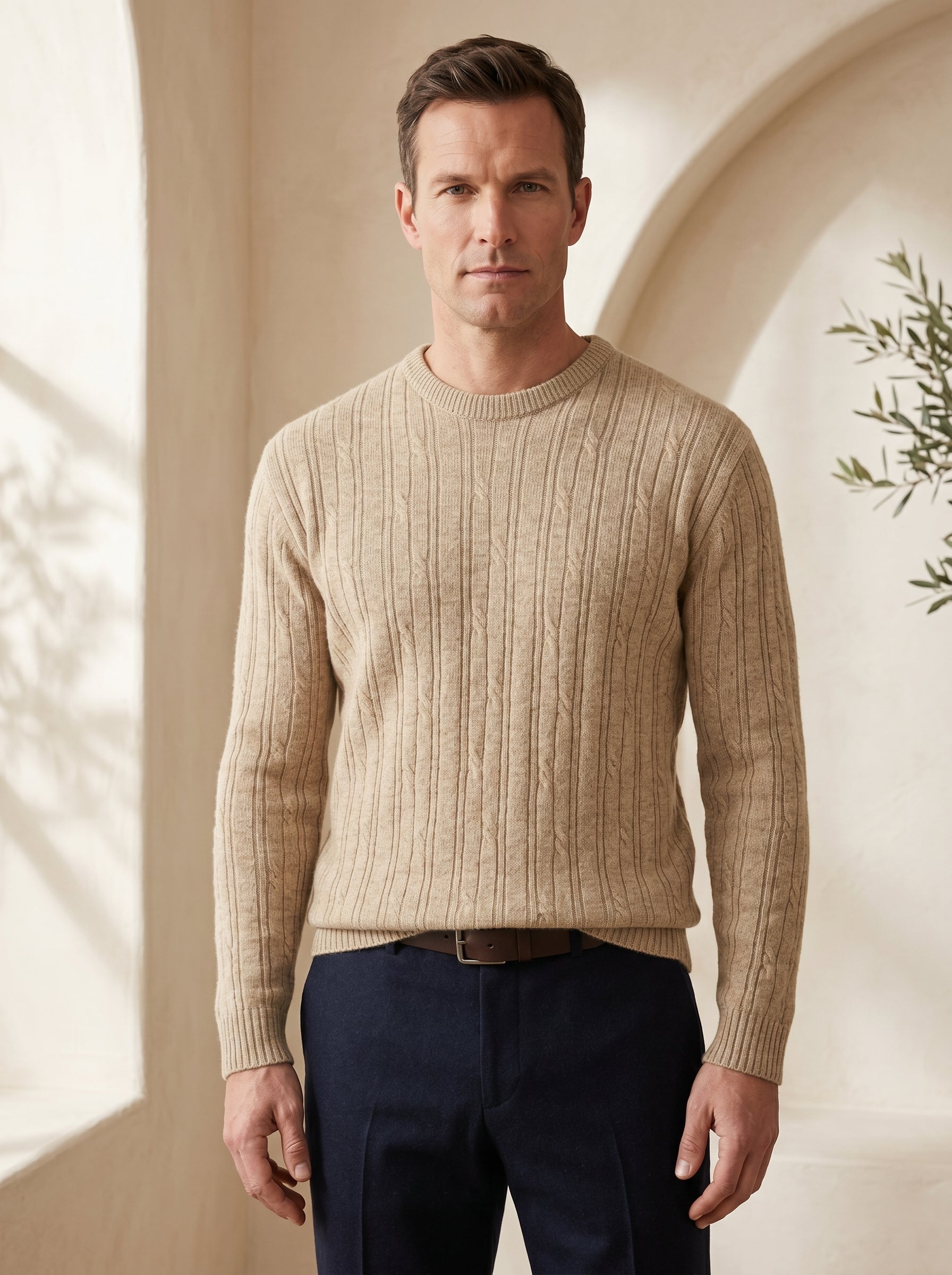 Men's Wool Thermal Stitch Crew Neck Pullover — Beige