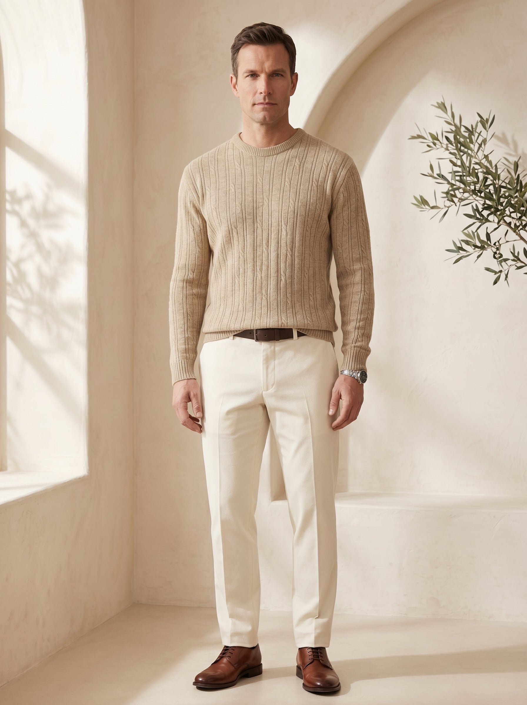Men's Wool Thermal Stitch Crew Neck Pullover — Beige