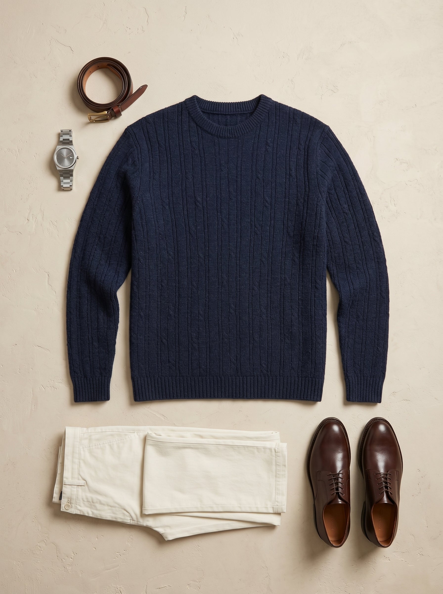 Men's Wool Thermal Stitch Crew Neck Pullover — Navy