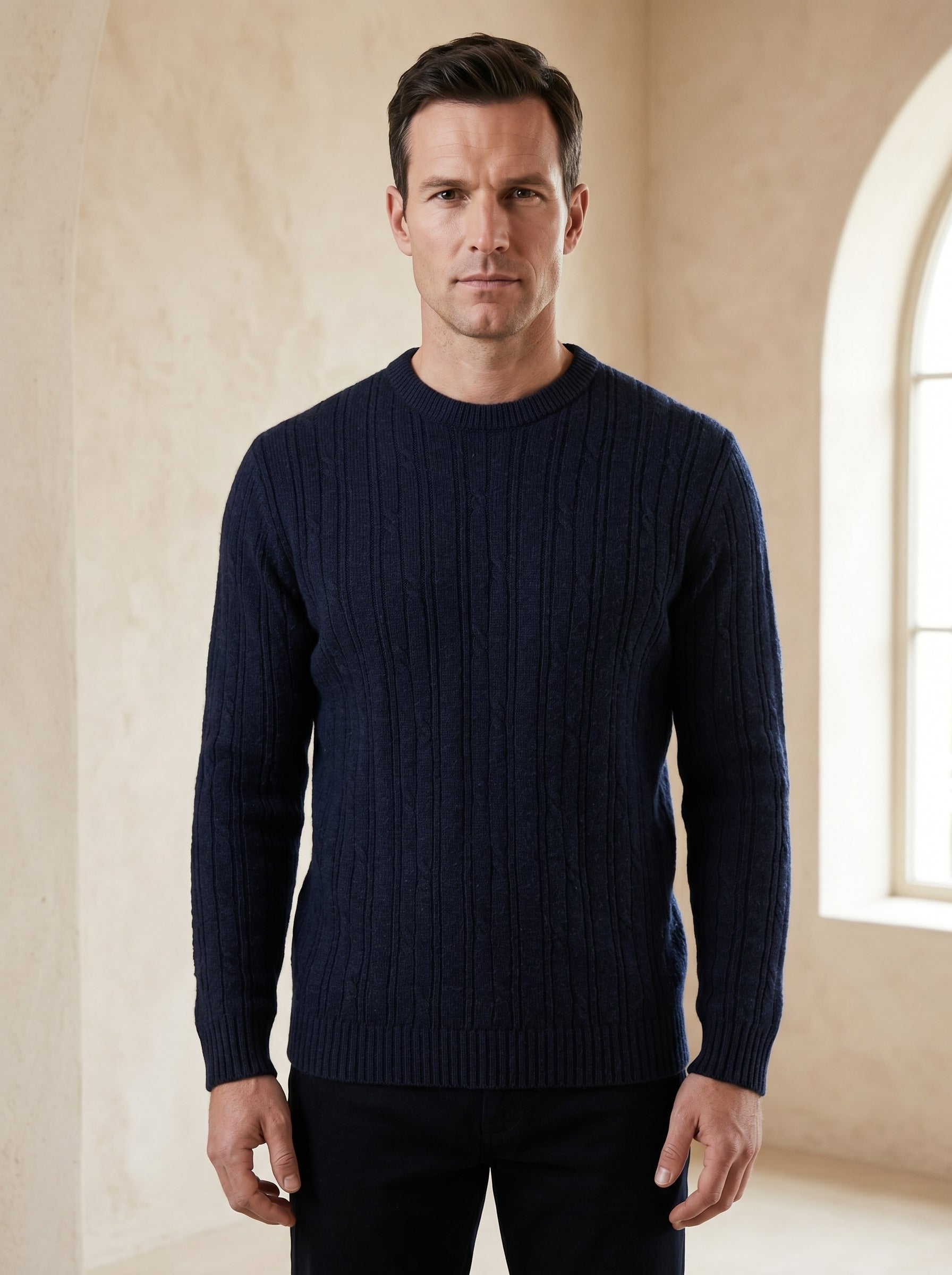 Men's Wool Thermal Stitch Crew Neck Pullover — Navy