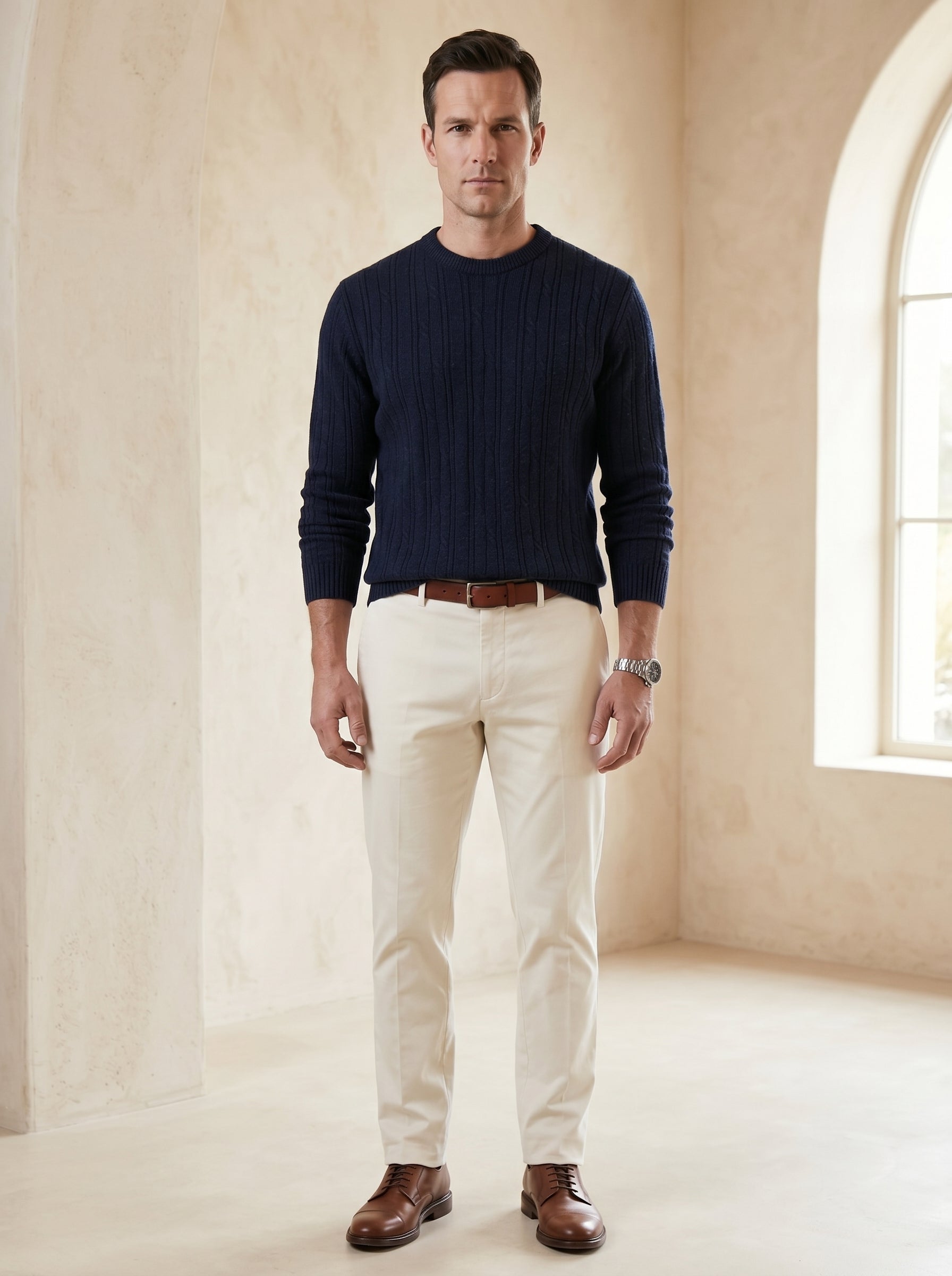 Men's Wool Thermal Stitch Crew Neck Pullover — Navy