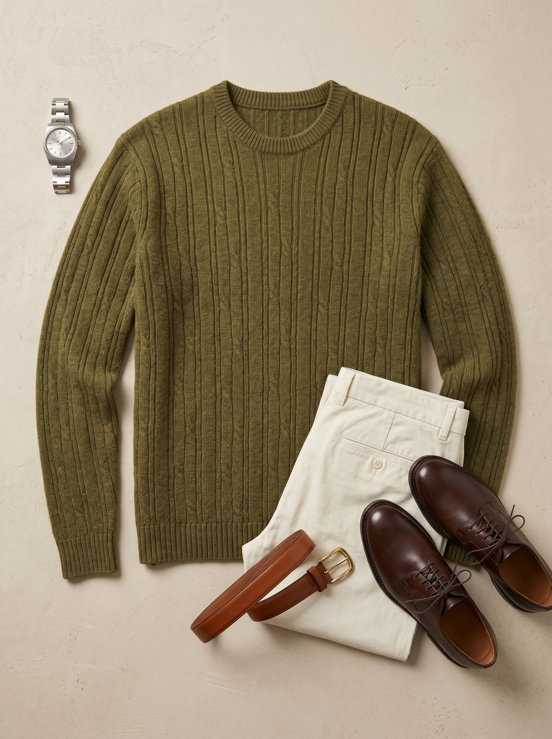 Men's Wool Thermal Stitch Crew Neck Pullover — Olive