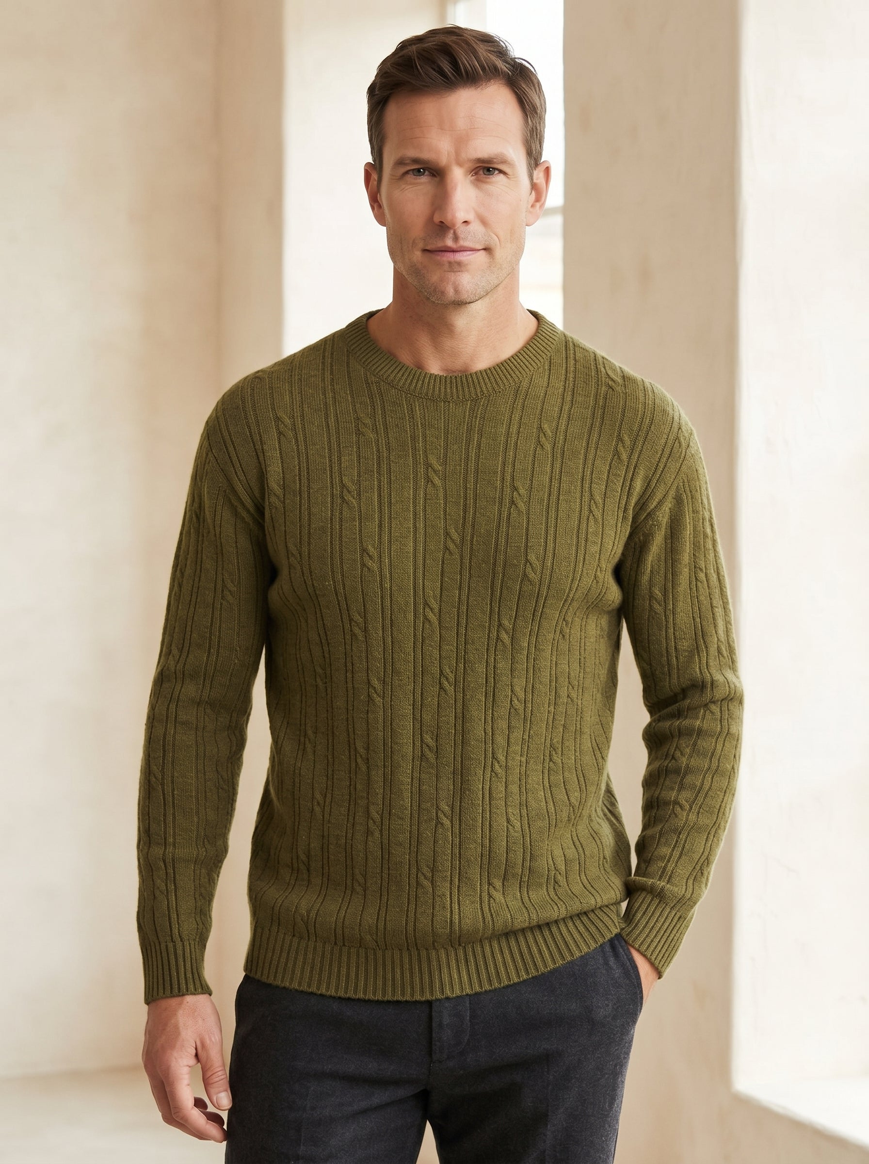 Men's Wool Thermal Stitch Crew Neck Pullover — Olive