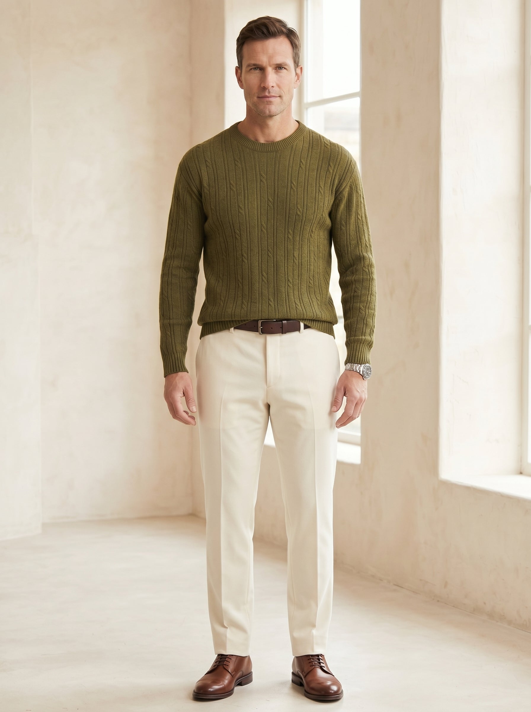 Men's Wool Thermal Stitch Crew Neck Pullover — Olive