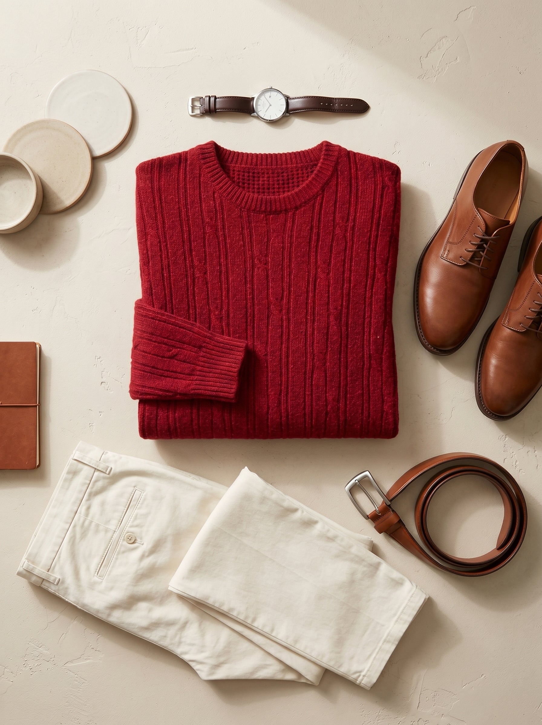 Men's Wool Thermal Stitch Crew Neck Pullover — Red