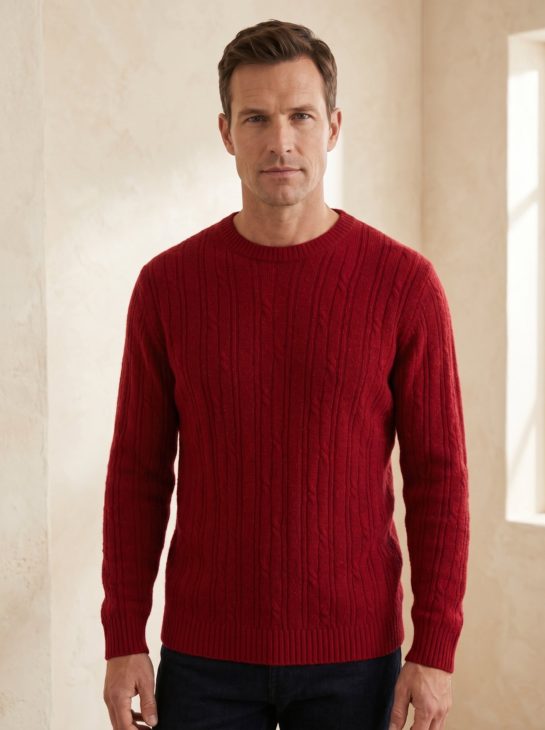 Men's Wool Thermal Stitch Crew Neck Pullover — Red