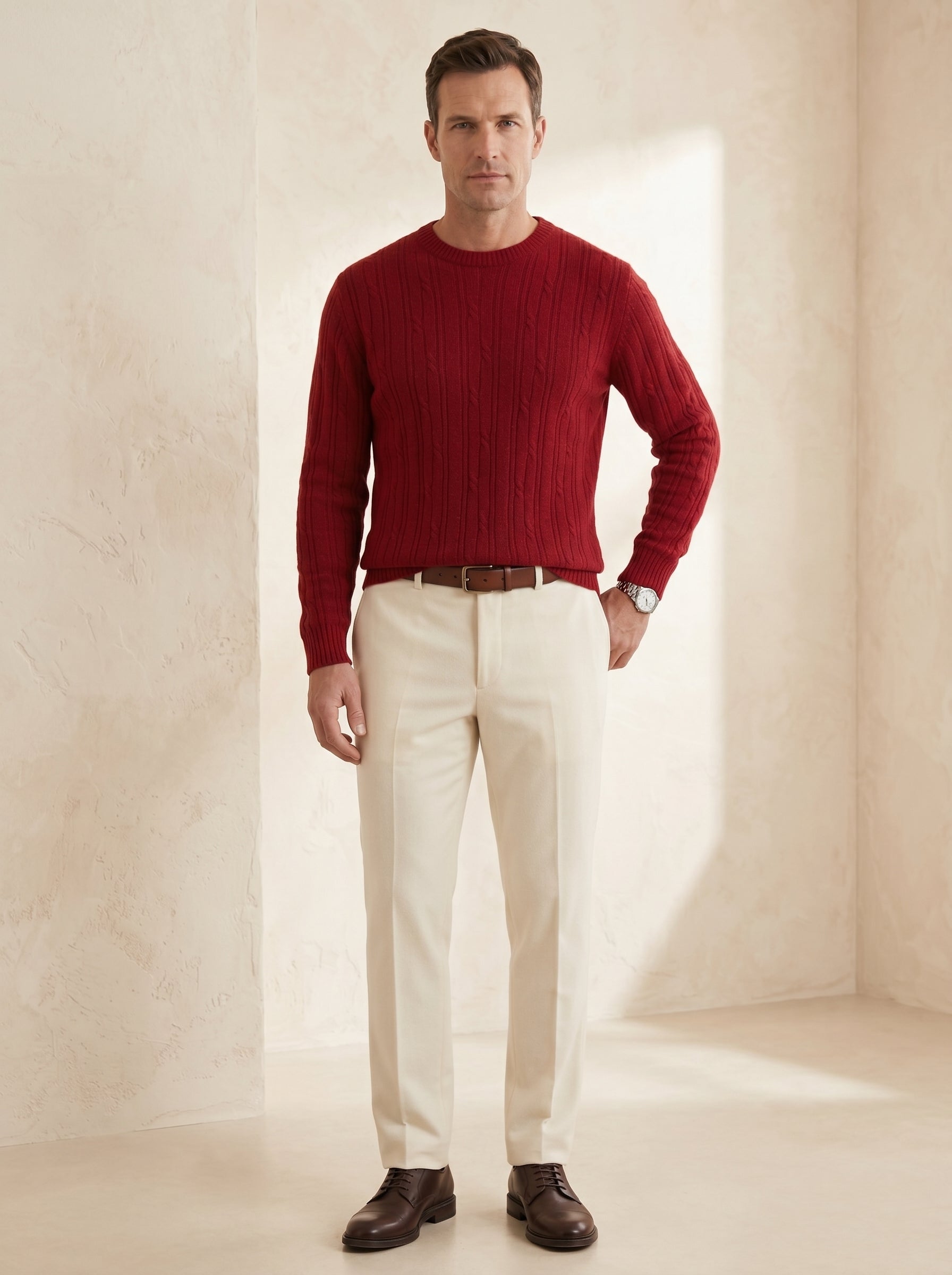 Men's Wool Thermal Stitch Crew Neck Pullover — Red