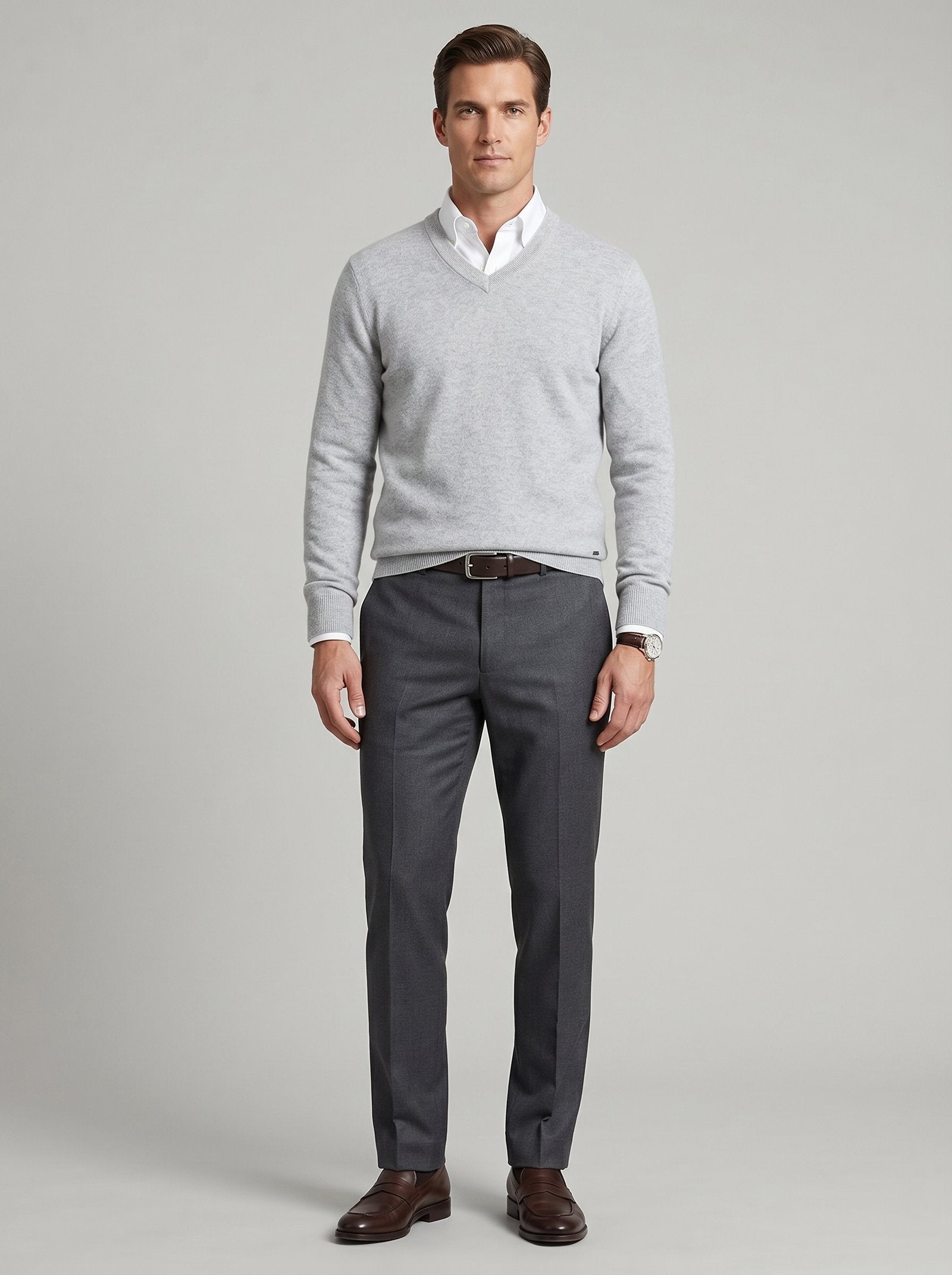 Men's V-Neck Cashmere Sweater — Light Grey