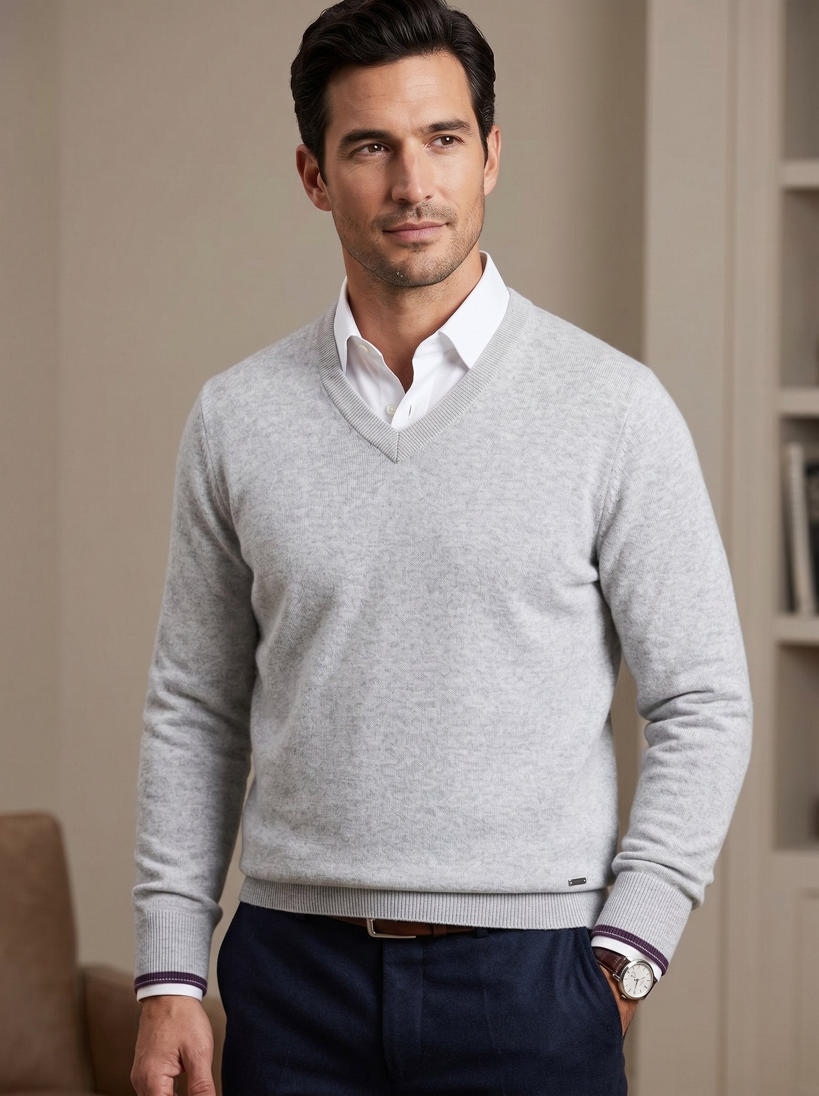 Men's V-Neck Cashmere Sweater — Light Grey