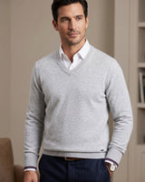Men's V-Neck Cashmere Sweater — Light Grey
