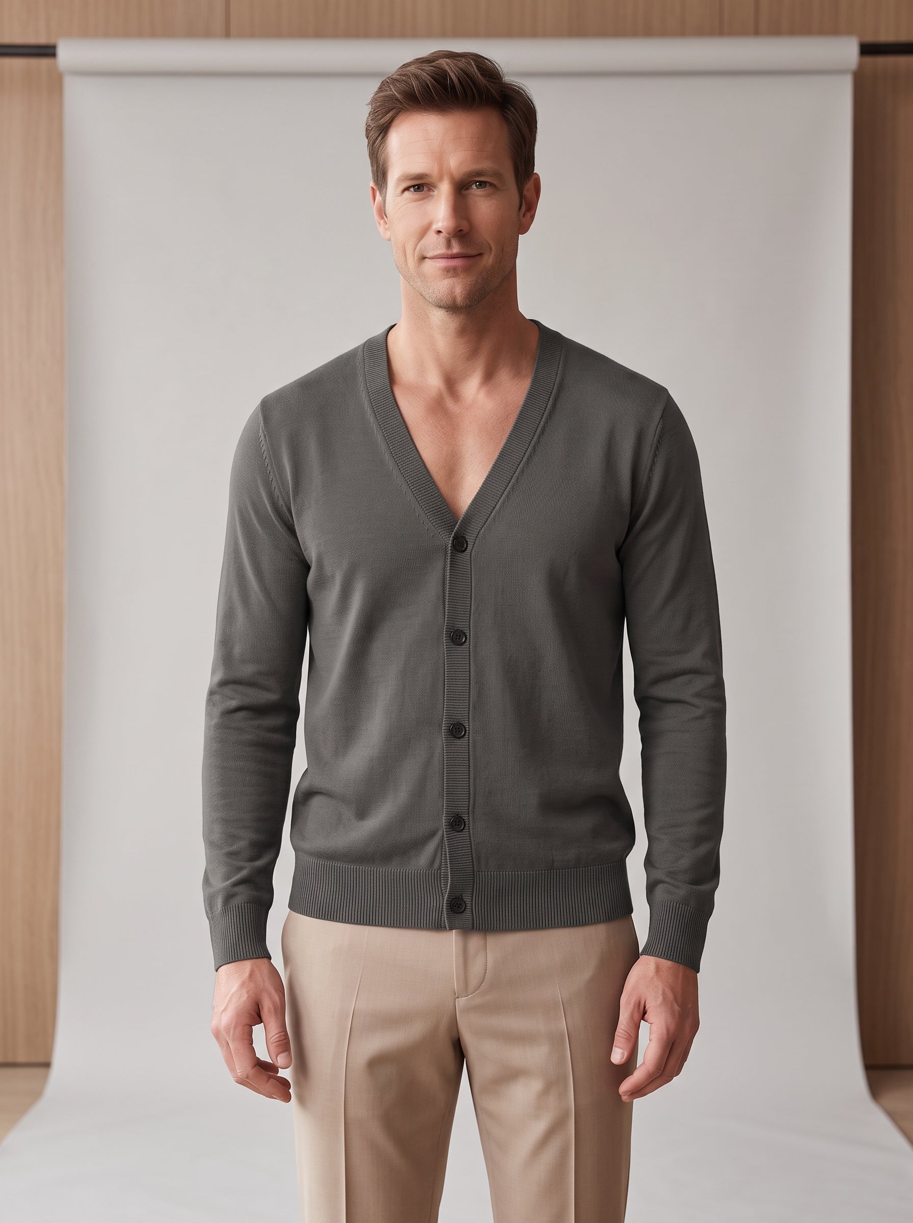 V-Neck Button Cardigan — Dark Grey