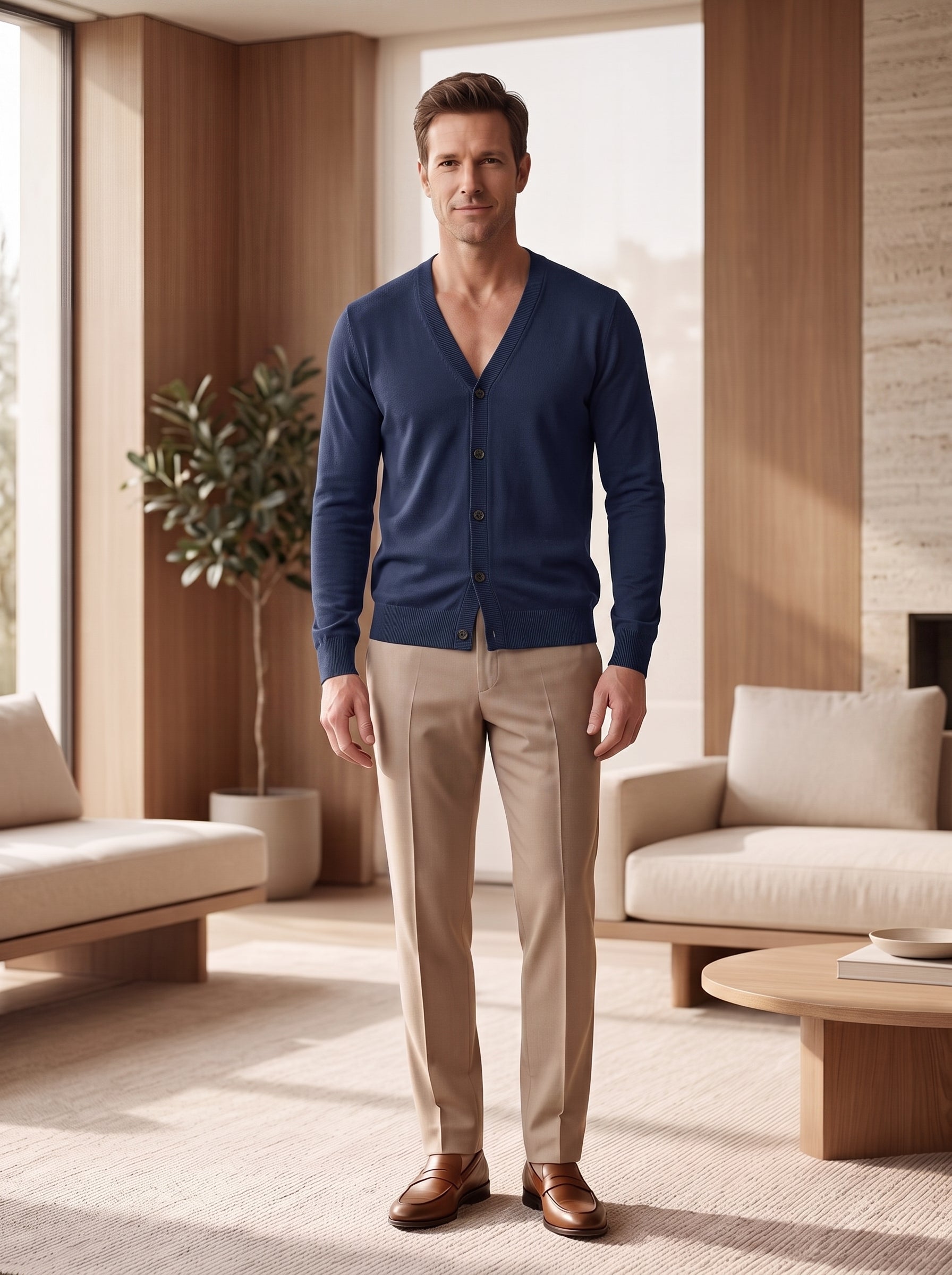 V-Neck Button Cardigan — Navy