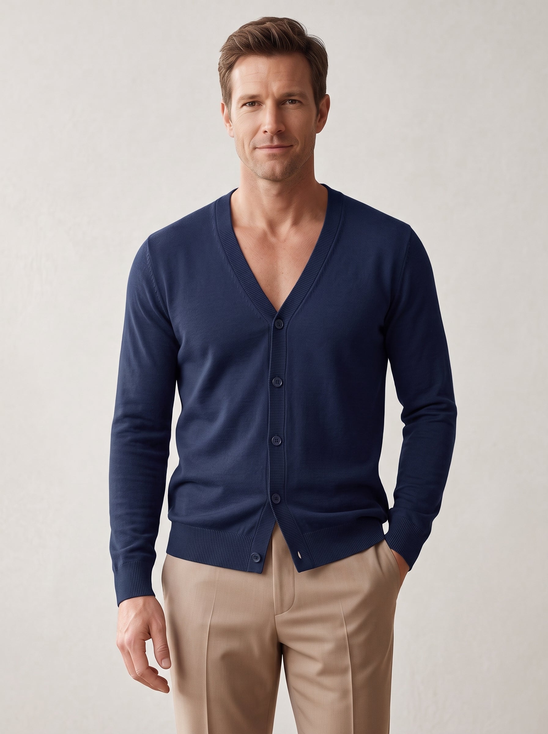 V-Neck Button Cardigan — Navy