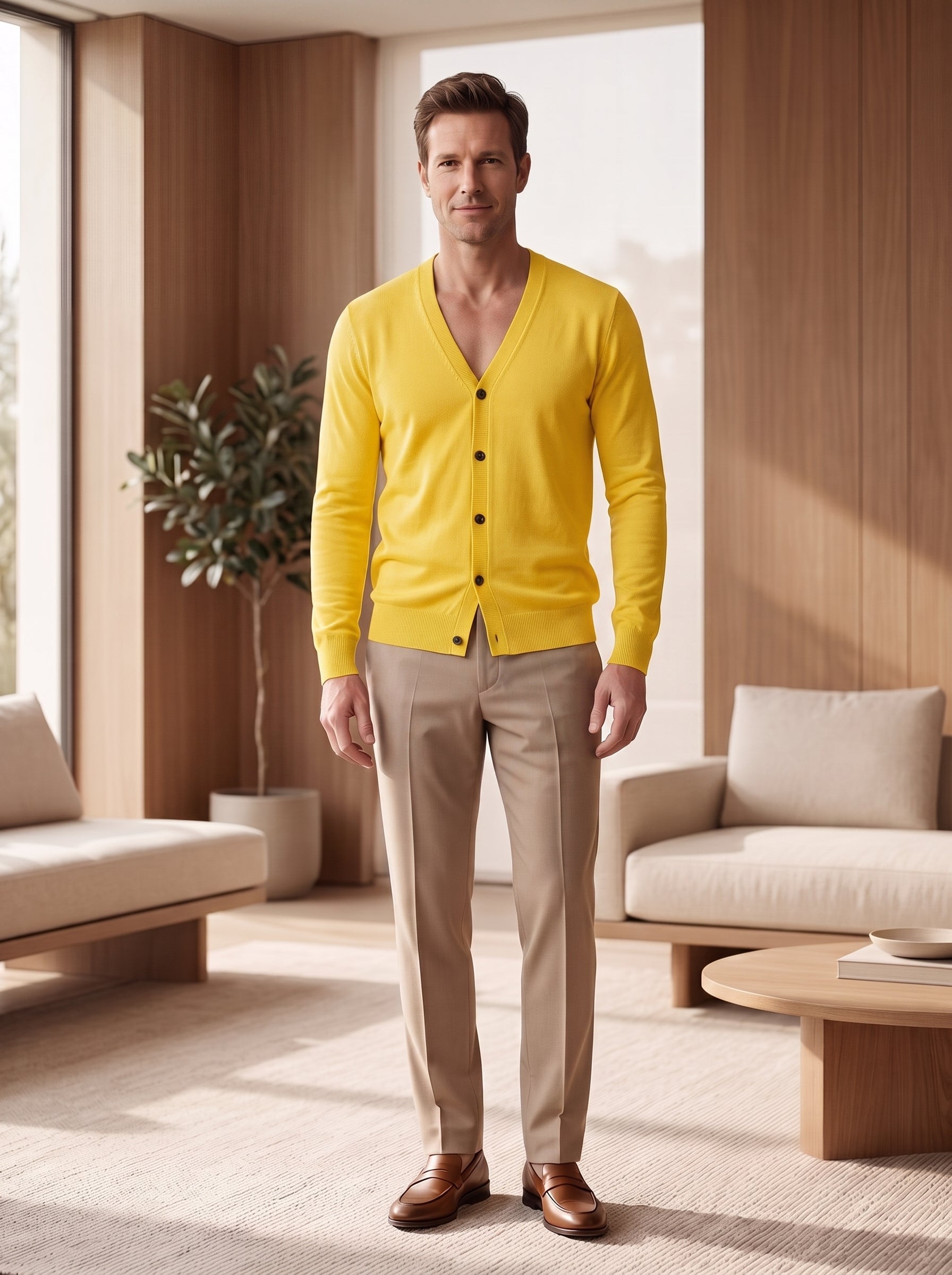 V-Neck Button Cardigan — Yellow