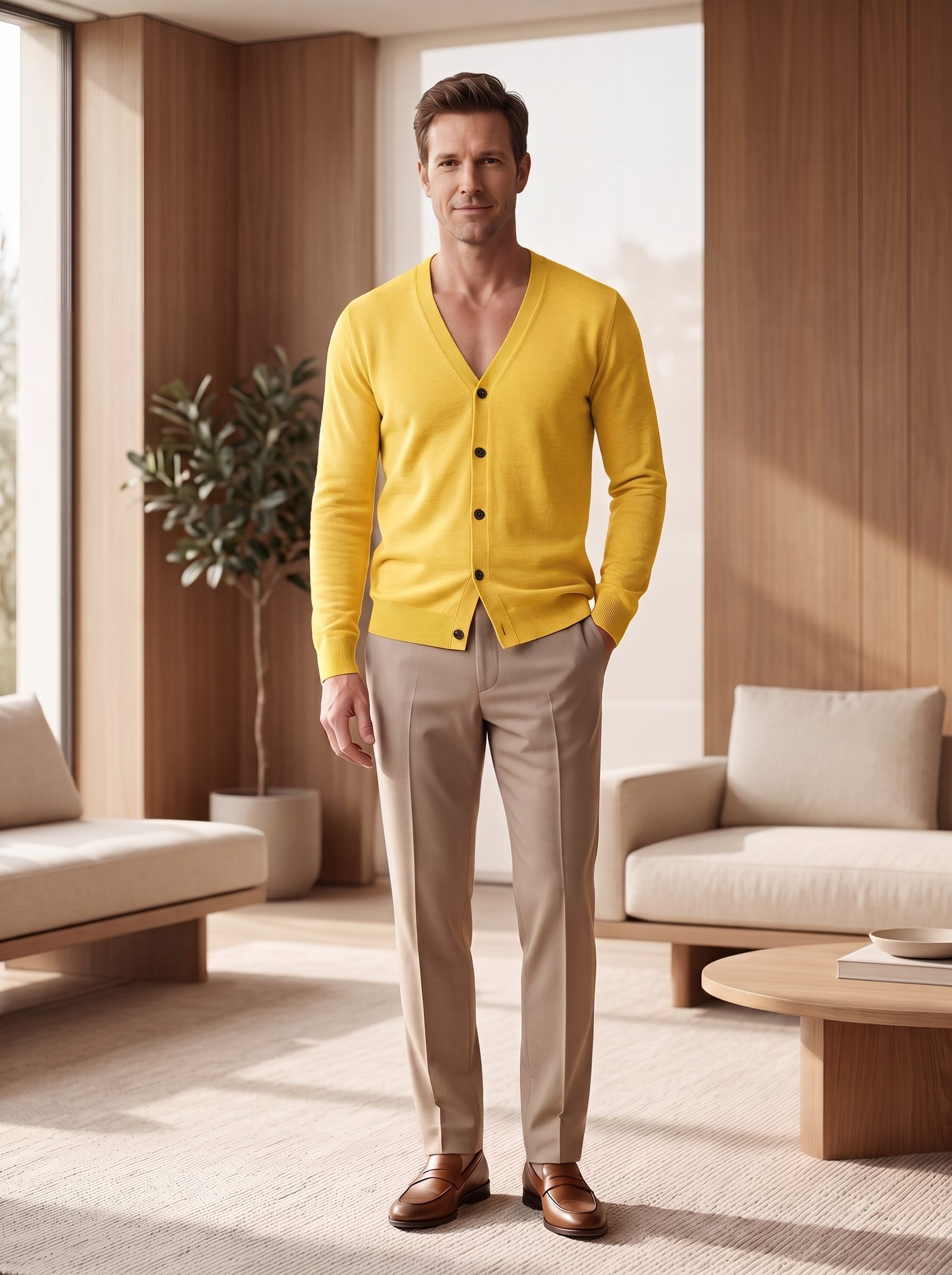 V-Neck Button Cardigan — Yellow