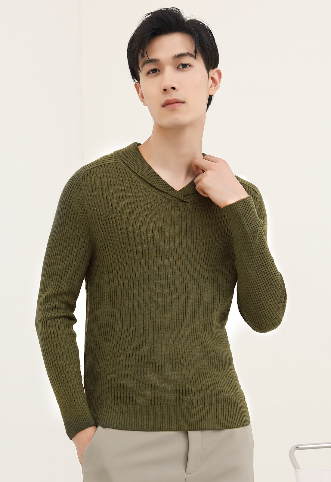 Shawl Collar Cable Knit Pullover — Olive