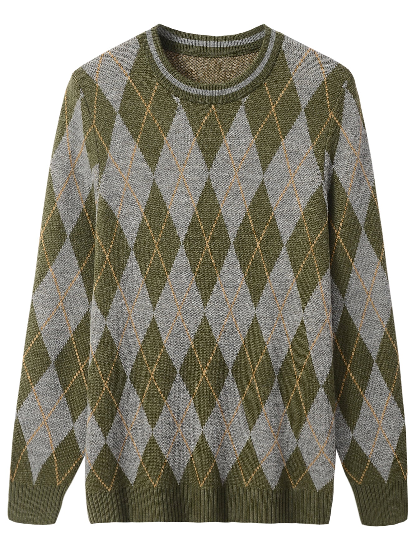 Men's checkered square pattern sweater long sleeved round neck knit sweater