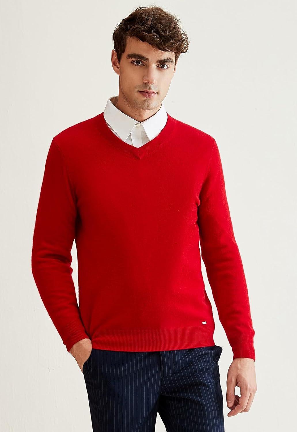 Men's V-Neck Cashmere Sweater — Red