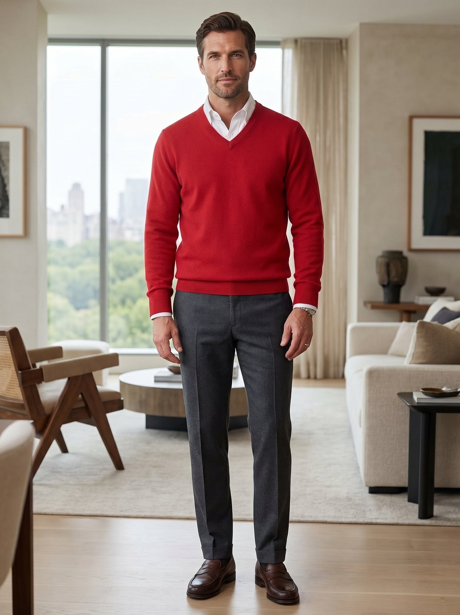 Men's V-Neck Cashmere Sweater — Red