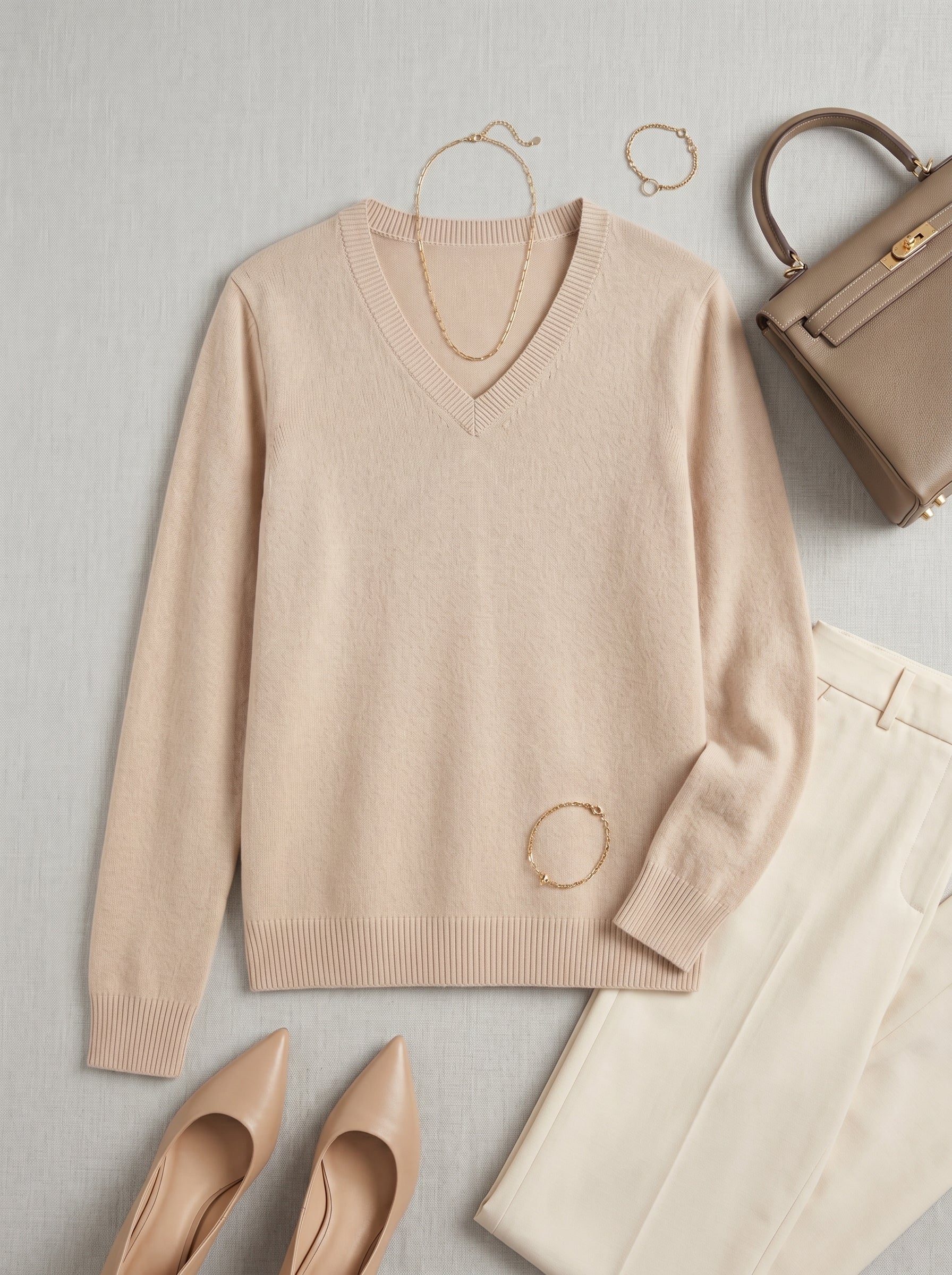 Women's Colorblock V-Neck Cashmere Sweater — Beige