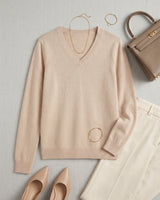 Women's Colorblock V-Neck Cashmere Sweater — Beige