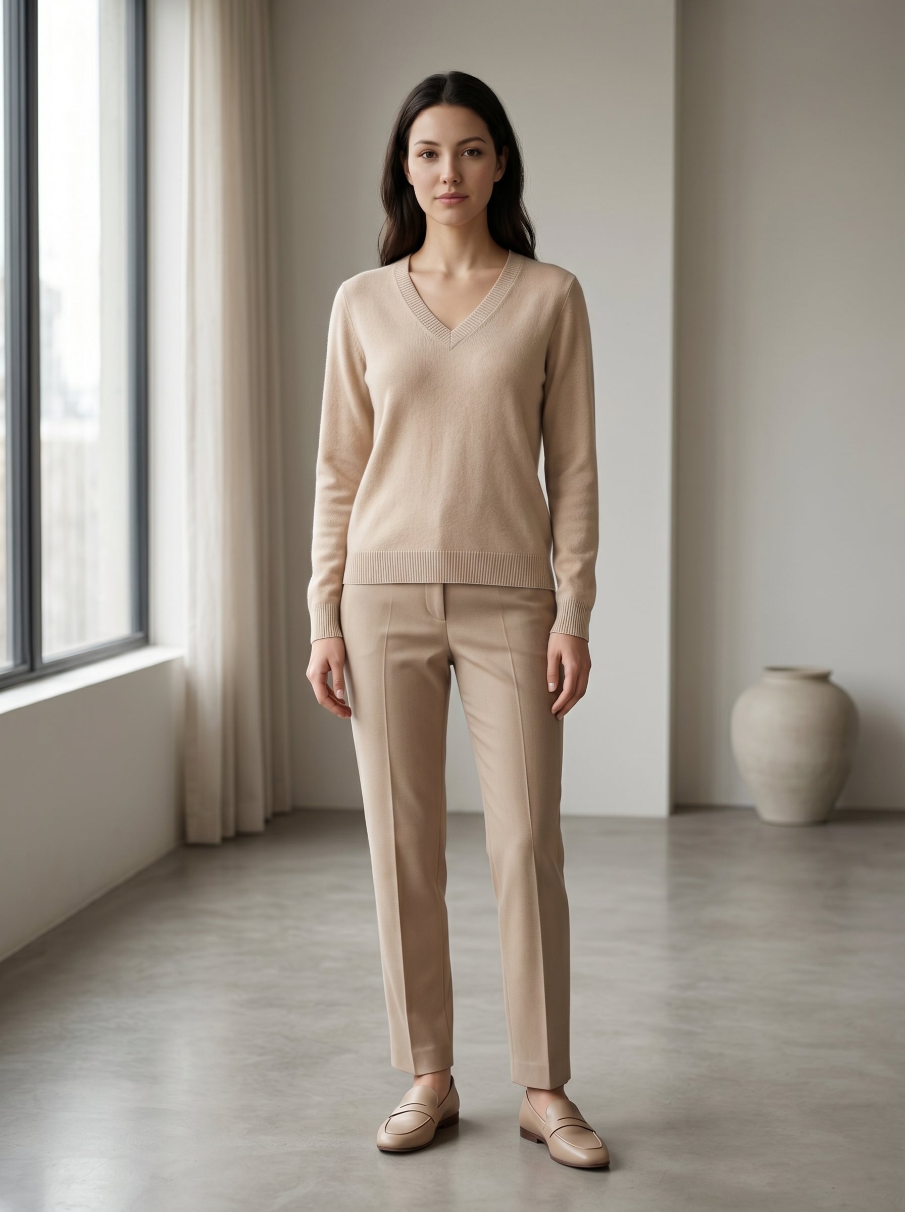 Women's Colorblock V-Neck Cashmere Sweater — Beige