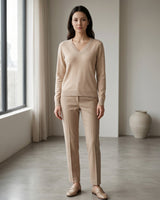 Women's Colorblock V-Neck Cashmere Sweater — Beige