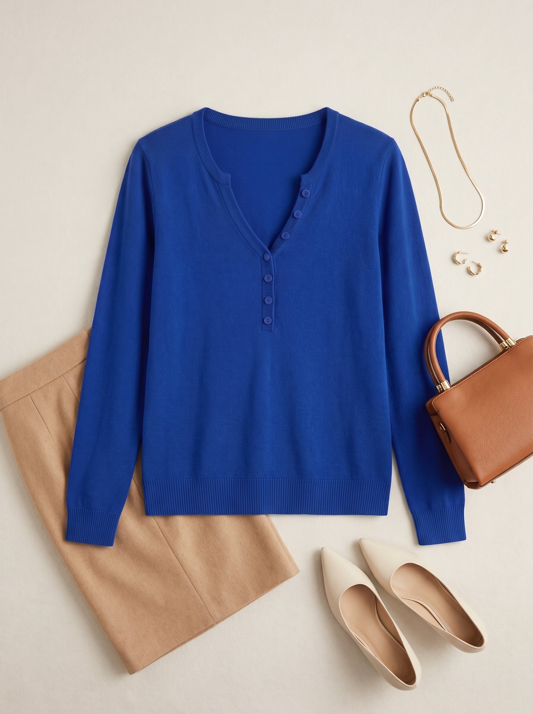 Women's V-Neck Knit Sweater — Blue