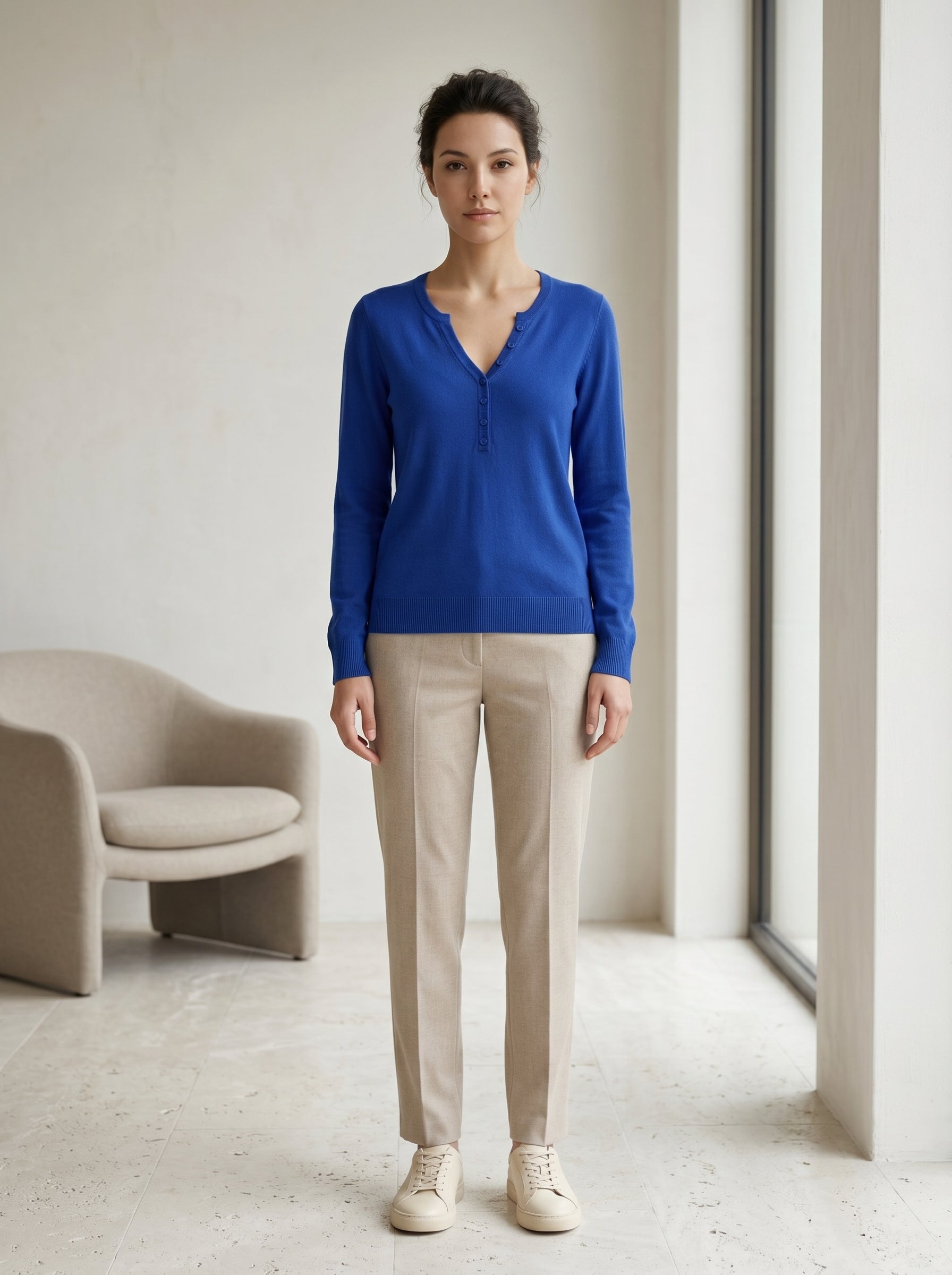 Women's V-Neck Knit Sweater — Blue