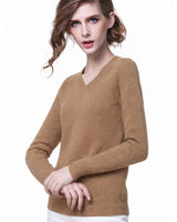 Women's V-Neck Cashmere Sweater - Brown - model