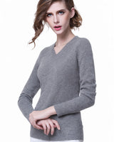 Women's V-Neck Cashmere Sweater - Grey - model