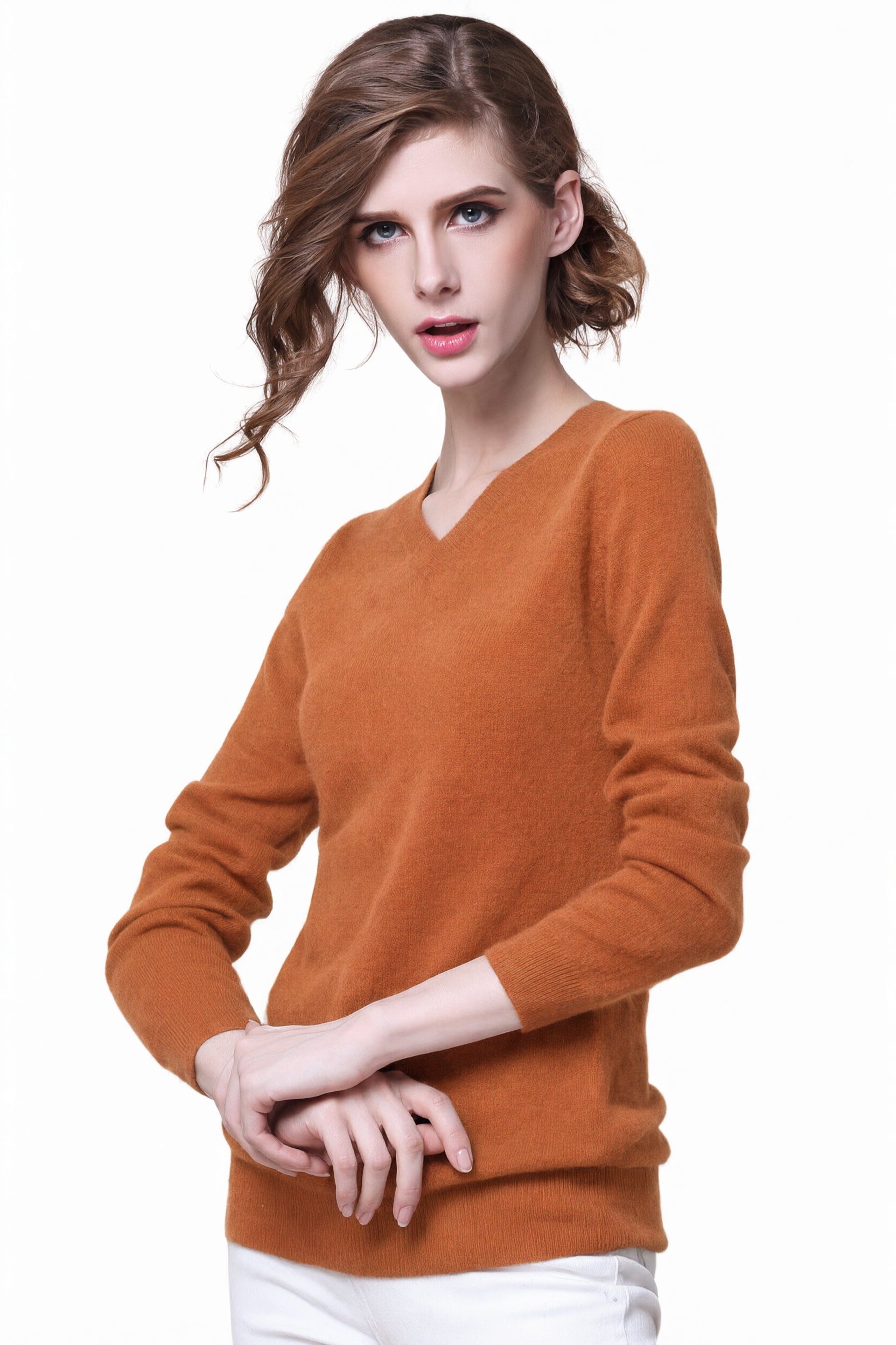 Women's V-Neck Cashmere Sweater - Orange - model