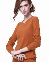 Women's V-Neck Cashmere Sweater - Orange - model