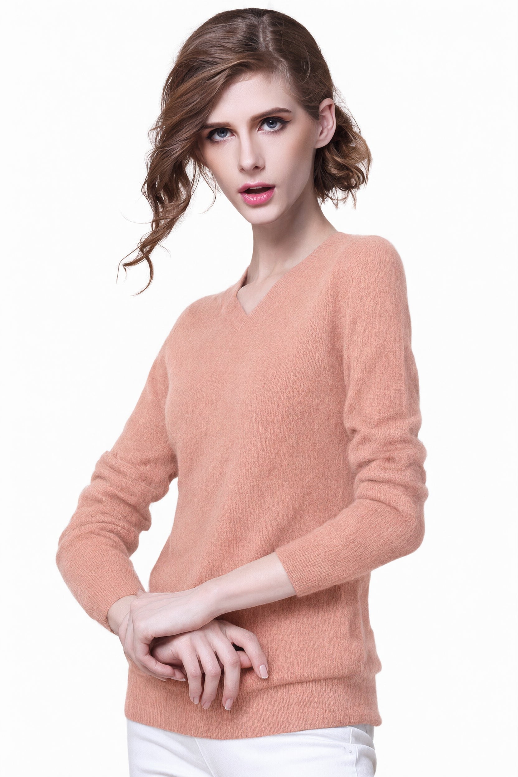 Women's V-Neck Cashmere Sweater - Peach - model