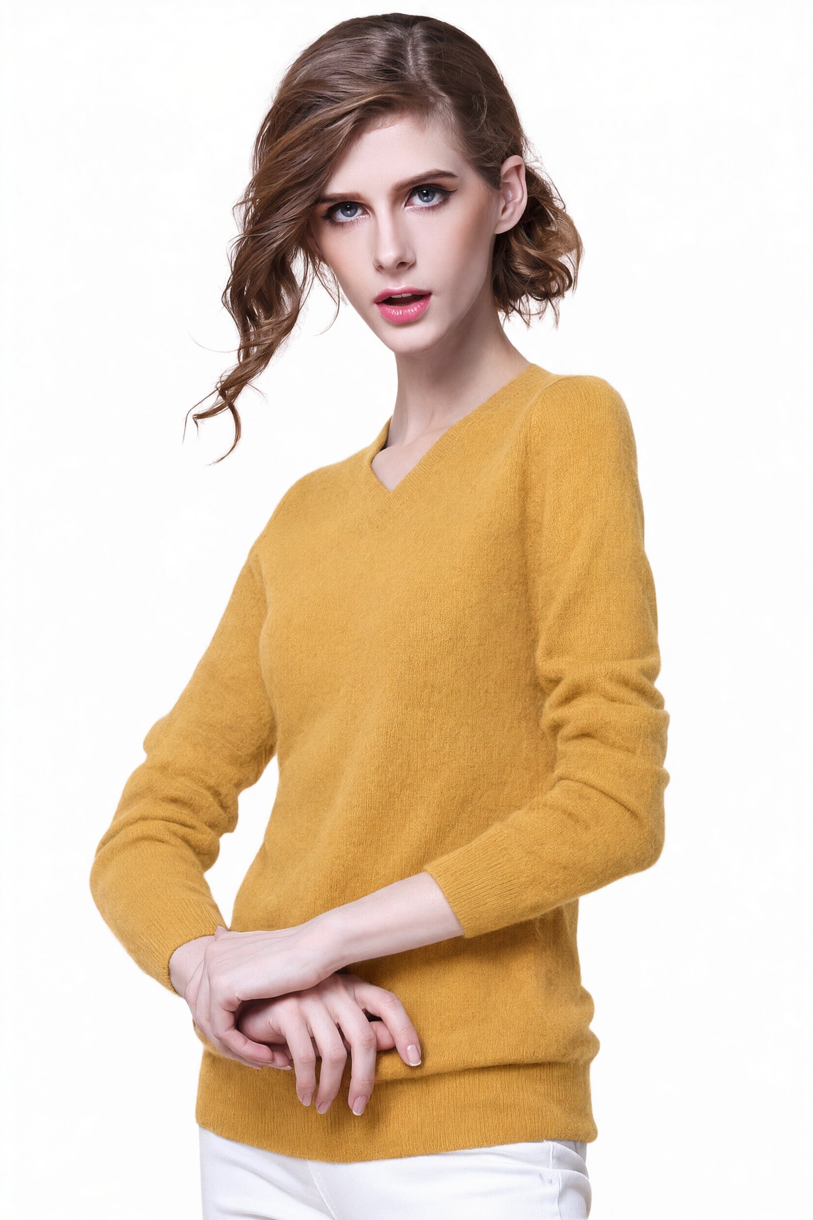 Women's V-Neck Cashmere Sweater - Yellow - model