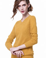 Women's V-Neck Cashmere Sweater - Yellow - model