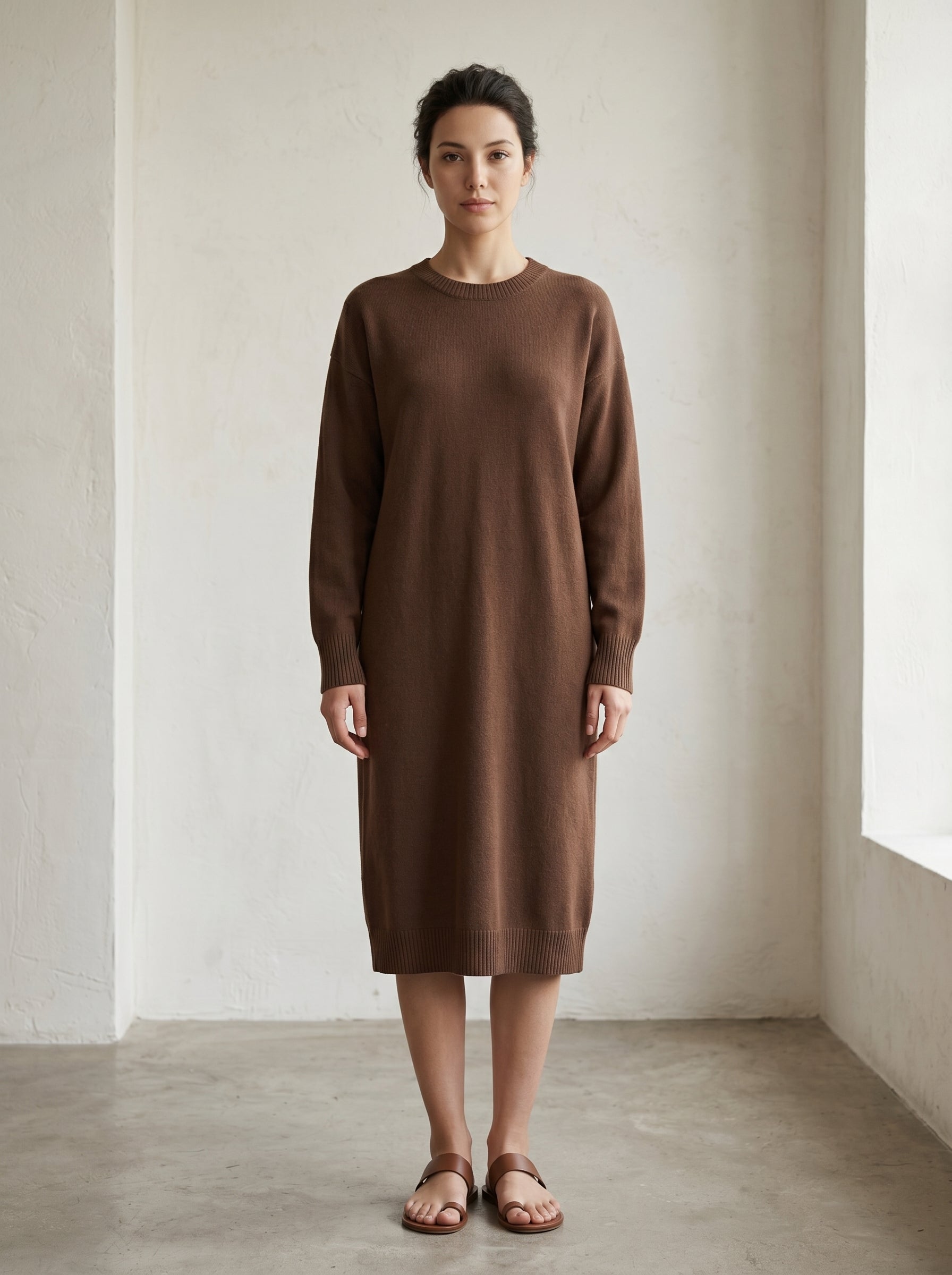 Women's Multi-Color Mid-Length Cashmere Dress — Brown