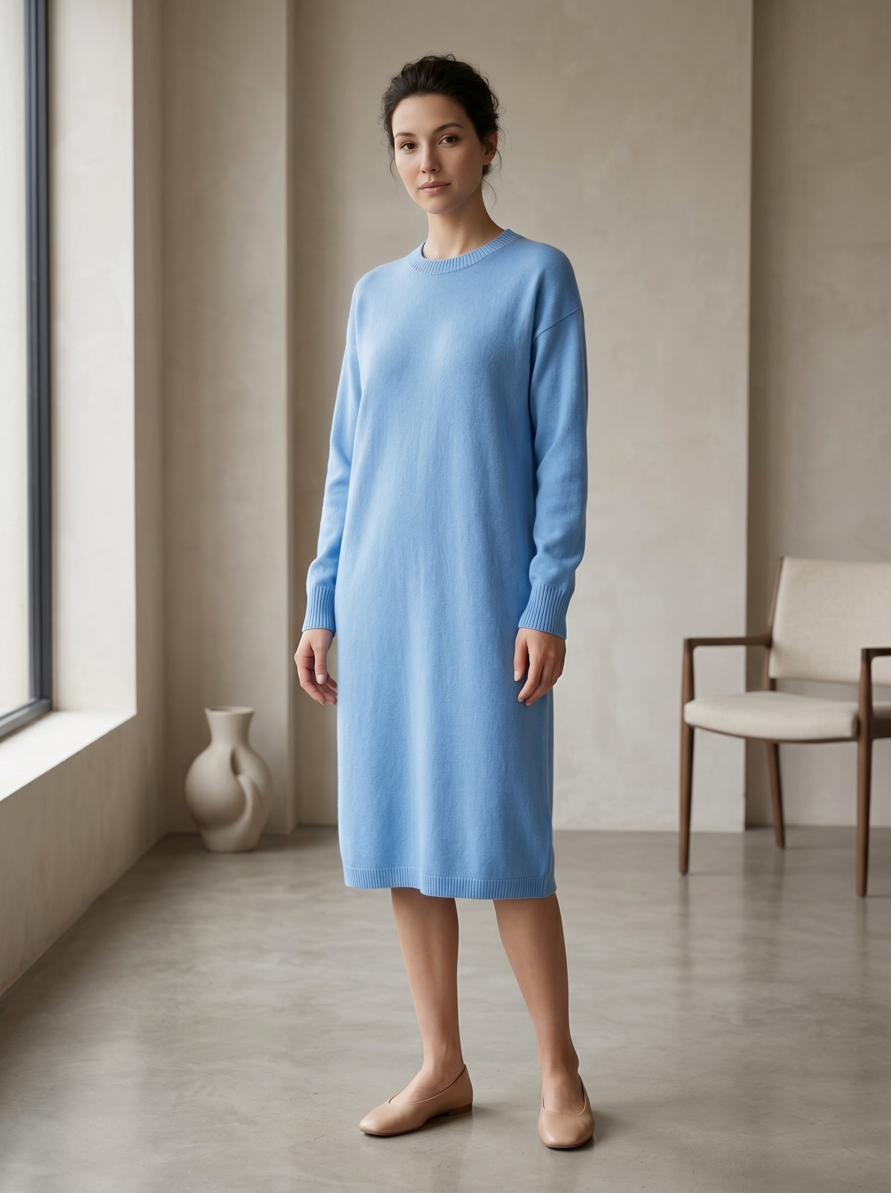 Women's Multi-Color Mid-Length Cashmere Dress — Sky blue