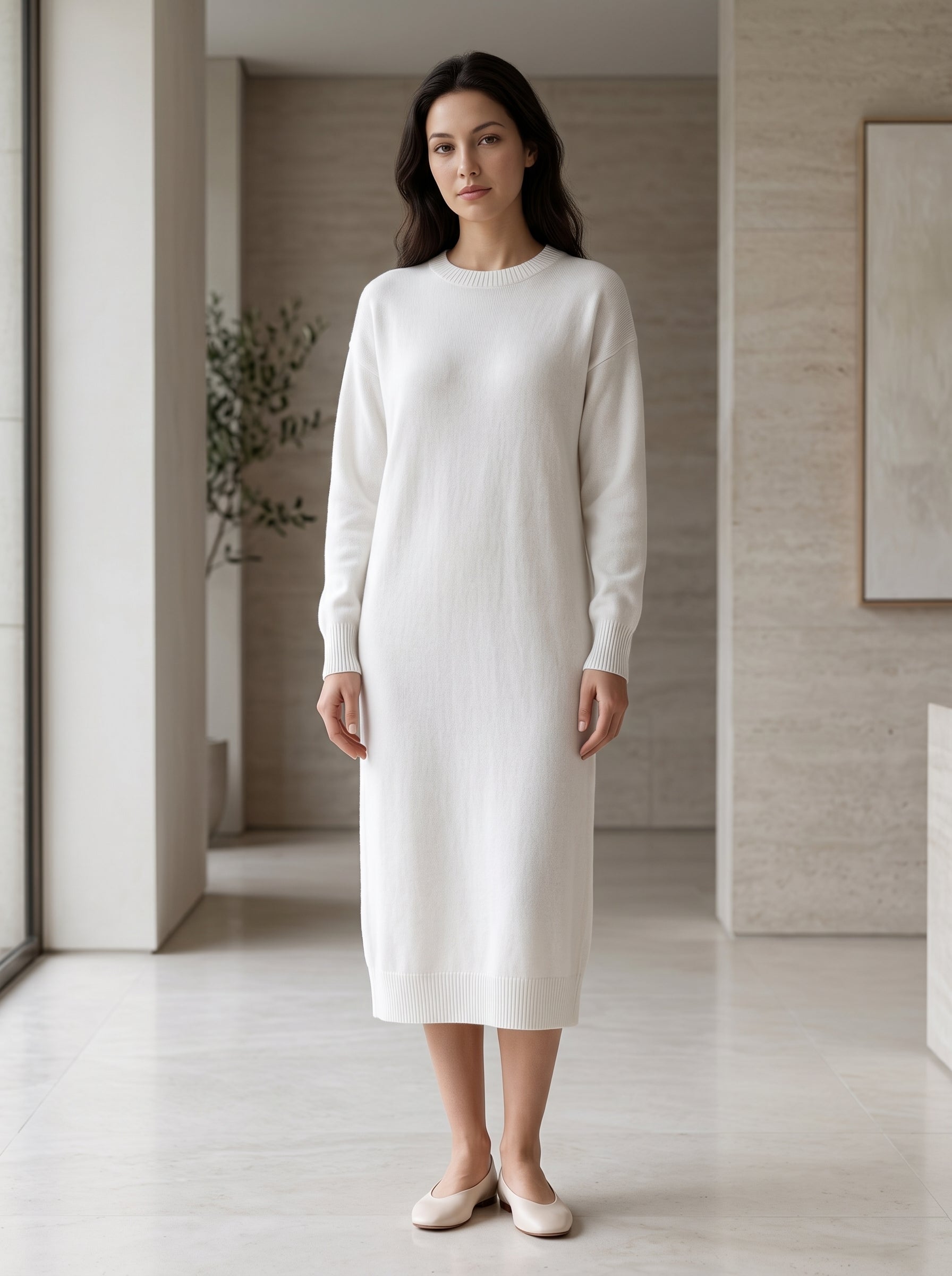 Women's Multi-Color Mid-Length Cashmere Dress — White