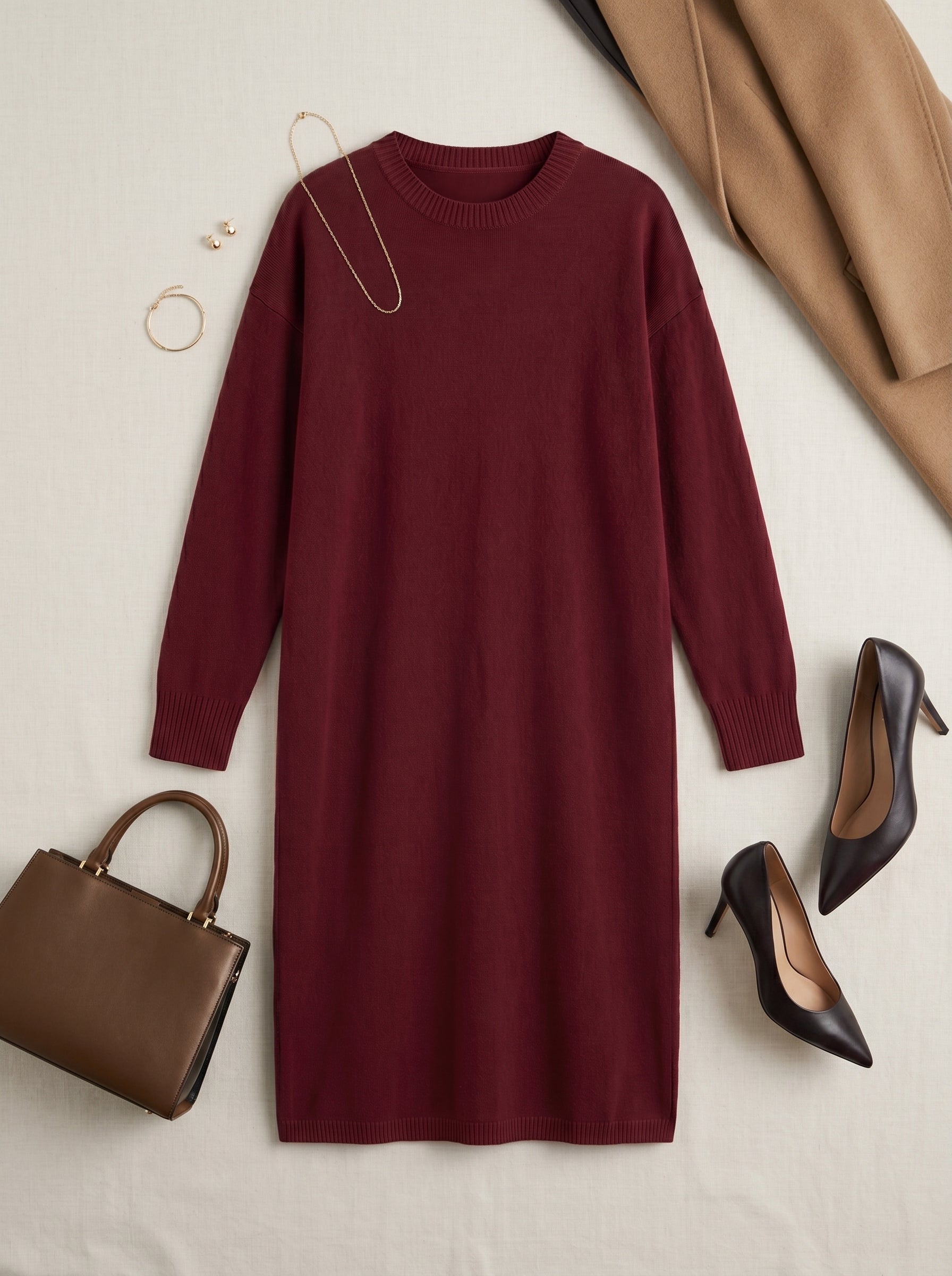 Women's Multi-Color Mid-Length Cashmere Dress — Wine red