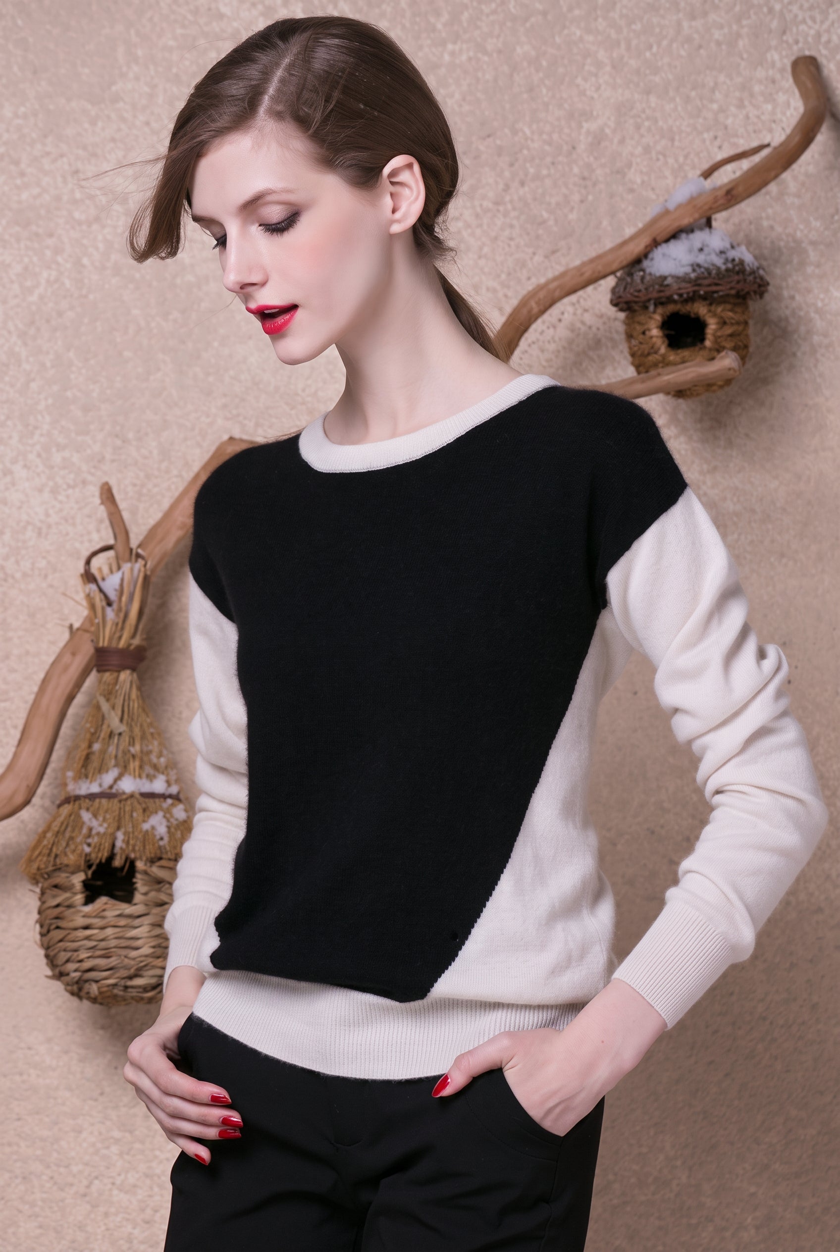 Women's Colorblock Crew Neck Cashmere Sweater